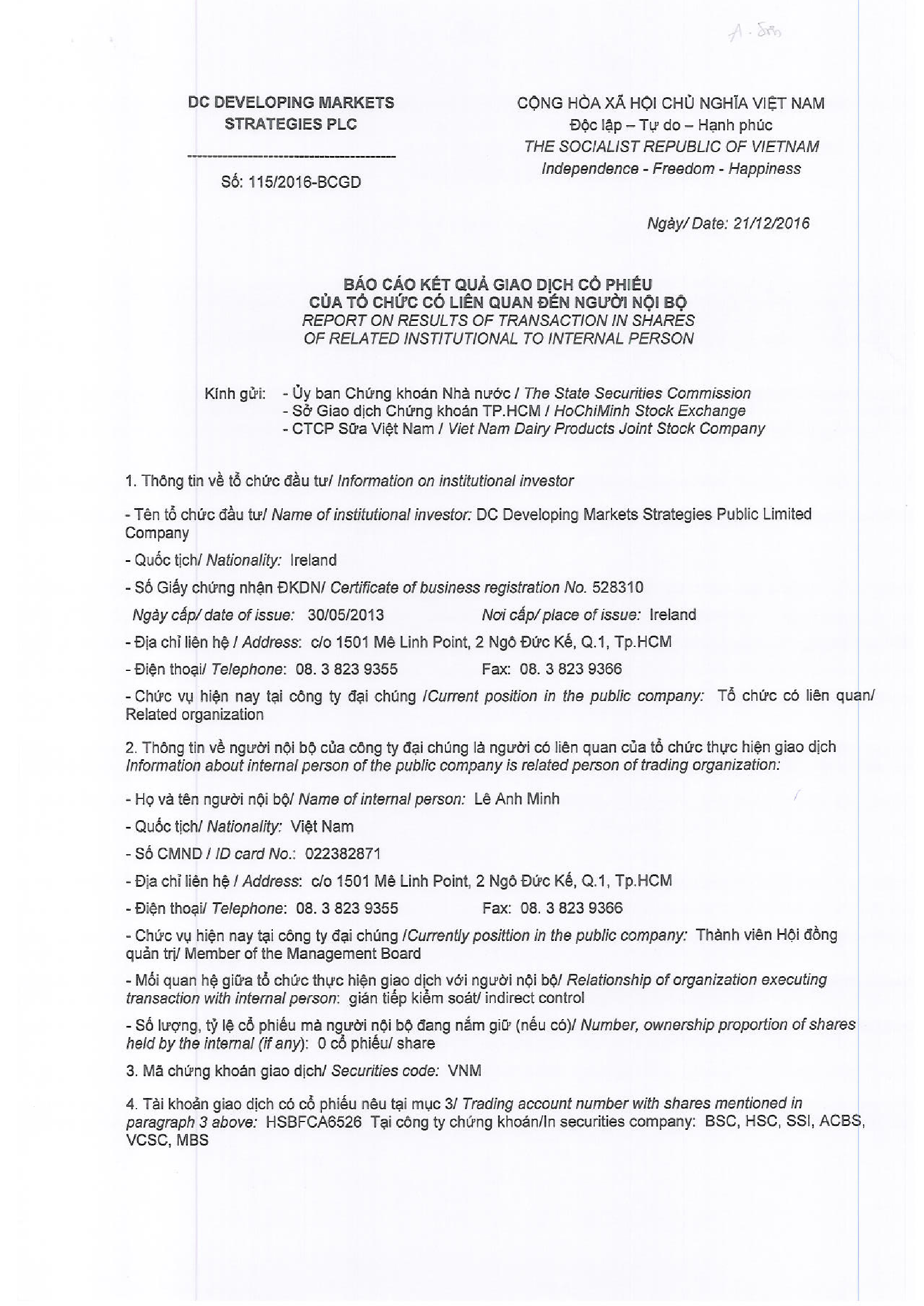 Report on results of transaction in shares of related institutional to internal person 115/2016-BCGD 1