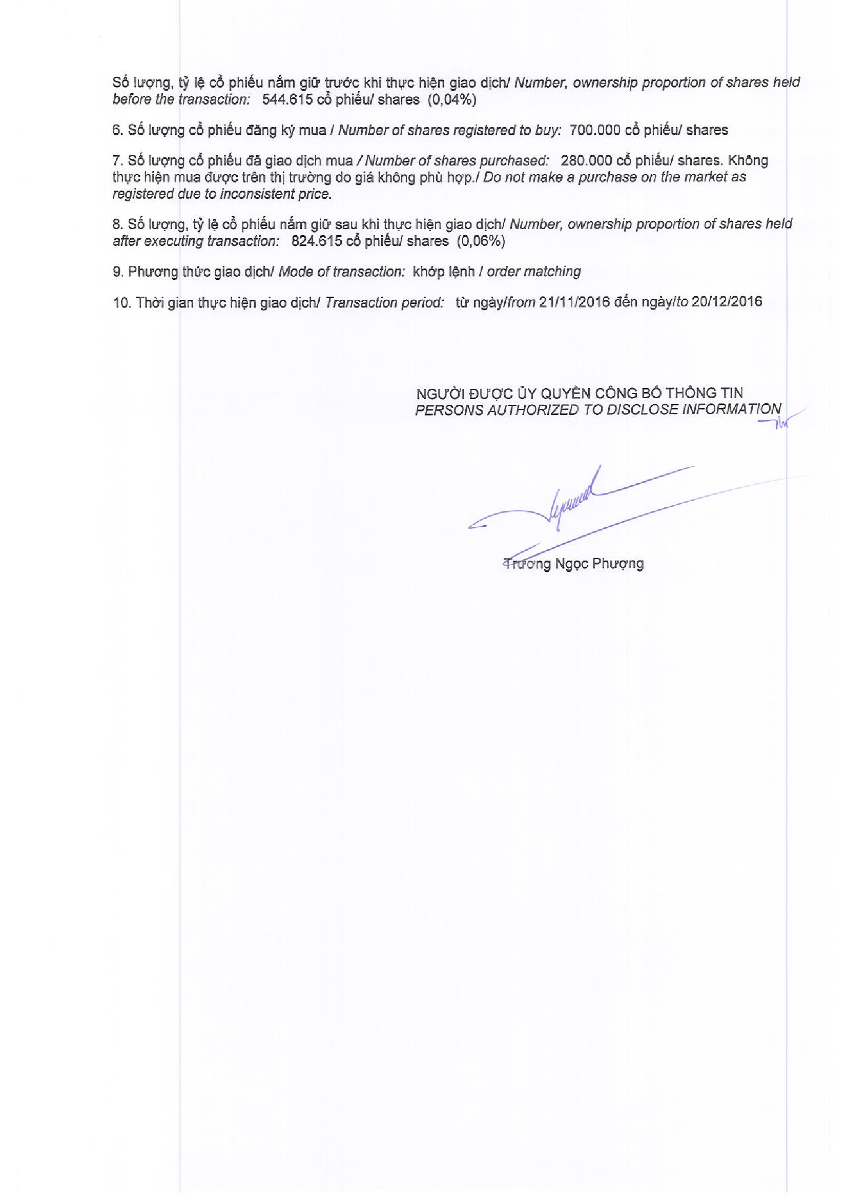 Báo cáo kết quả giao dịch cổ phiếu của tổ chức có liên quan đến người nội bộ 115/2016-BCGD 2