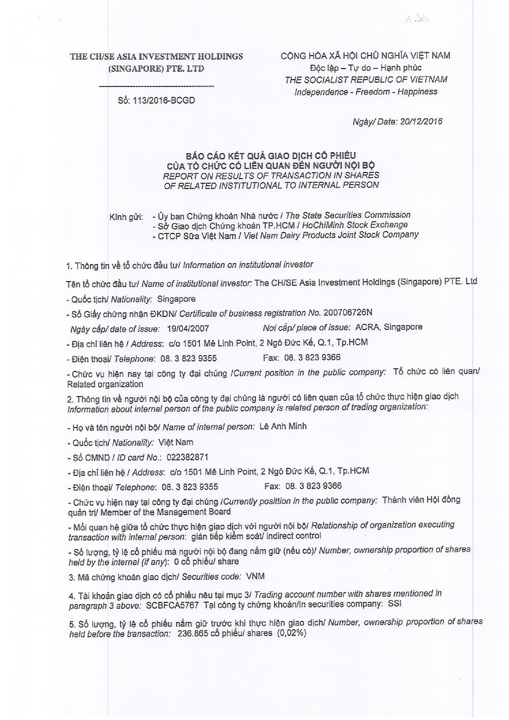 Report on results of transaction in shares of related institutional to internal person 113/2016-BCGD 1