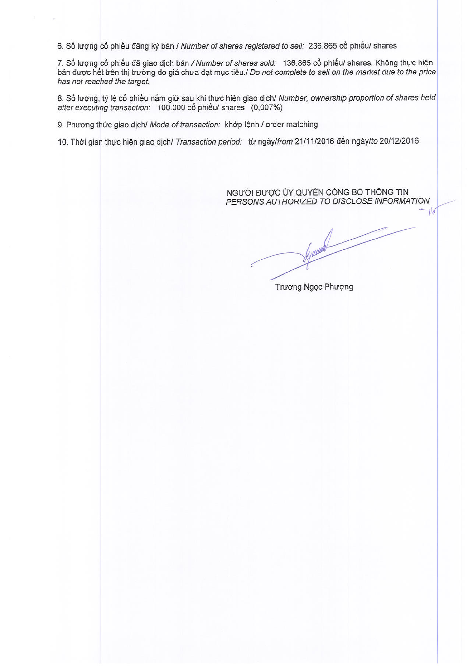 Report on results of transaction in shares of related institutional to internal person 113/2016-BCGD 2