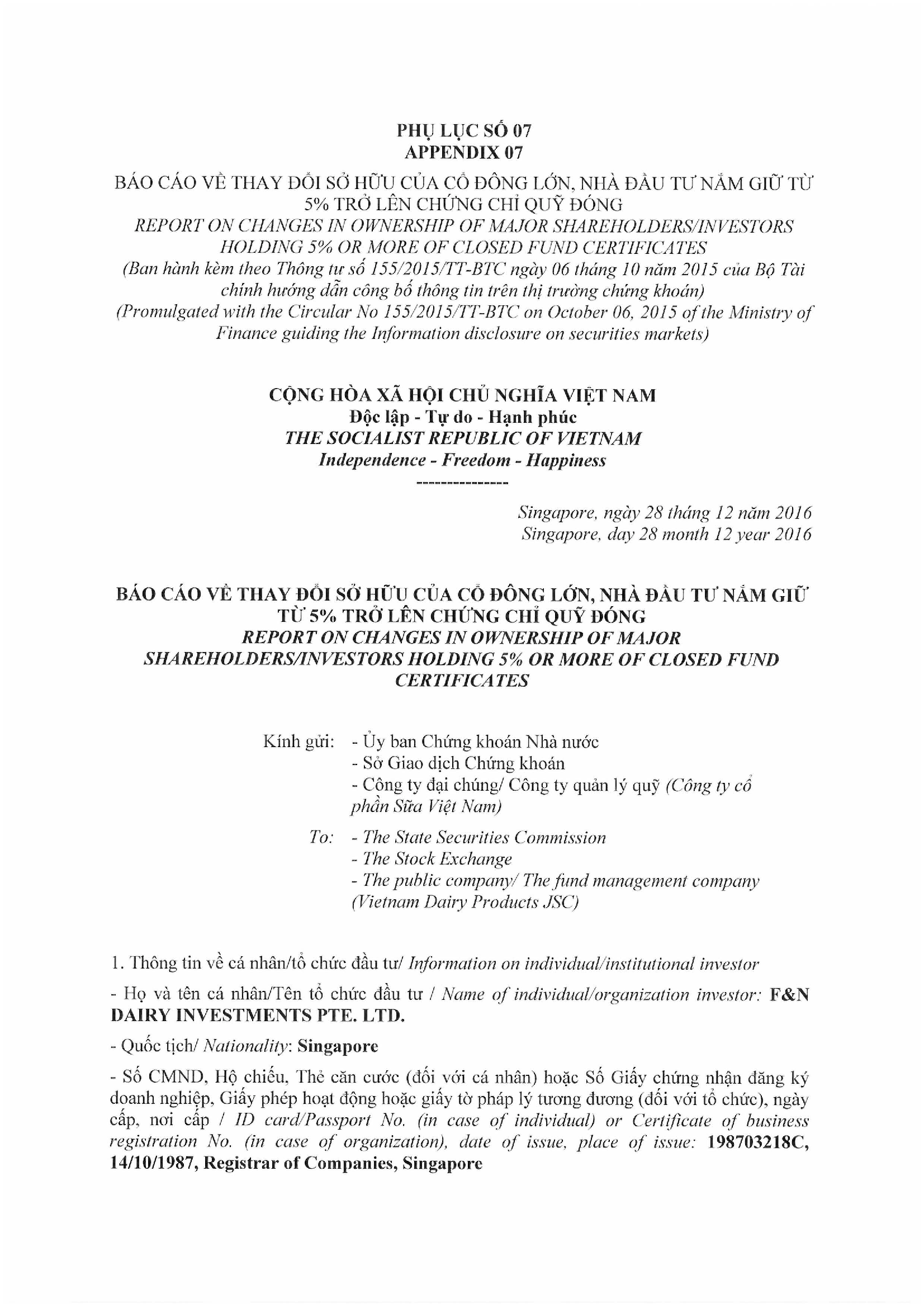 Report on the change of ownership of major shareholders/ investor holding 5% or more of closed fund certificates 1