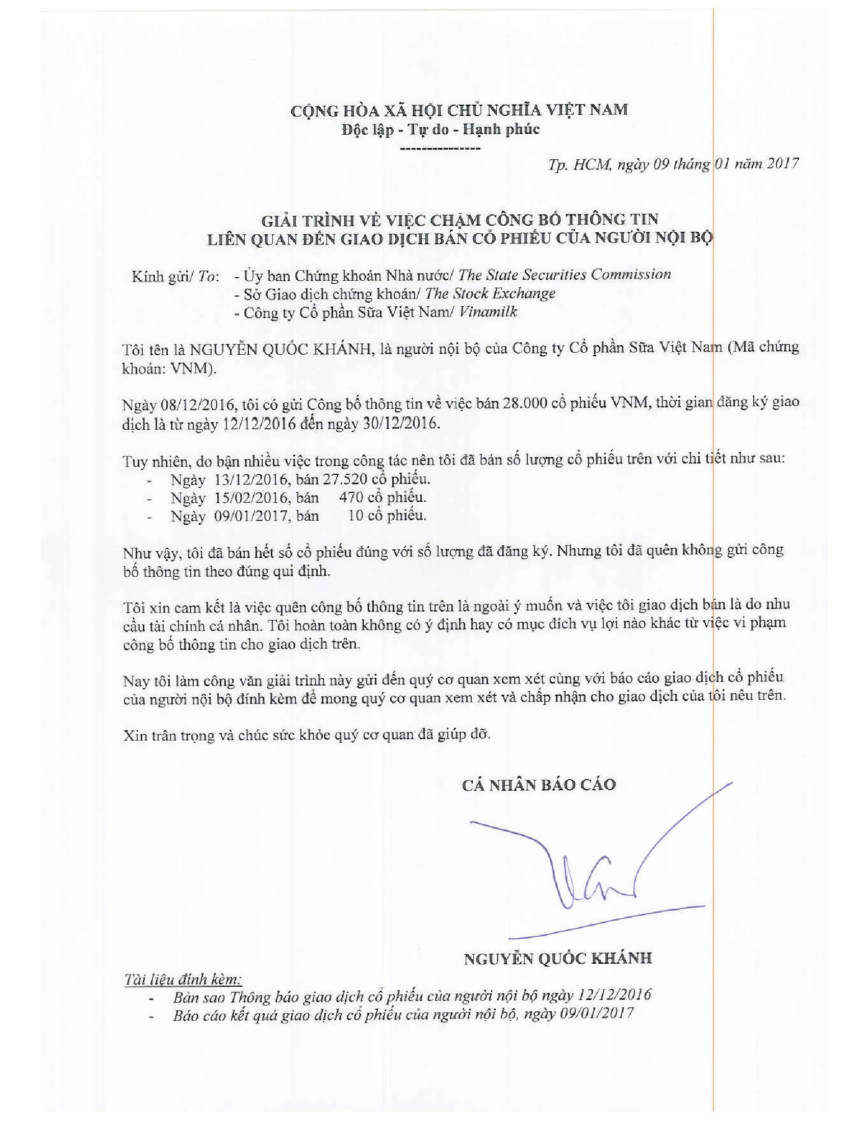 Giải trình về việc chậm công bố thông tin liên quan đến giao dịch bán cổ phiếu của người nội bộ 1