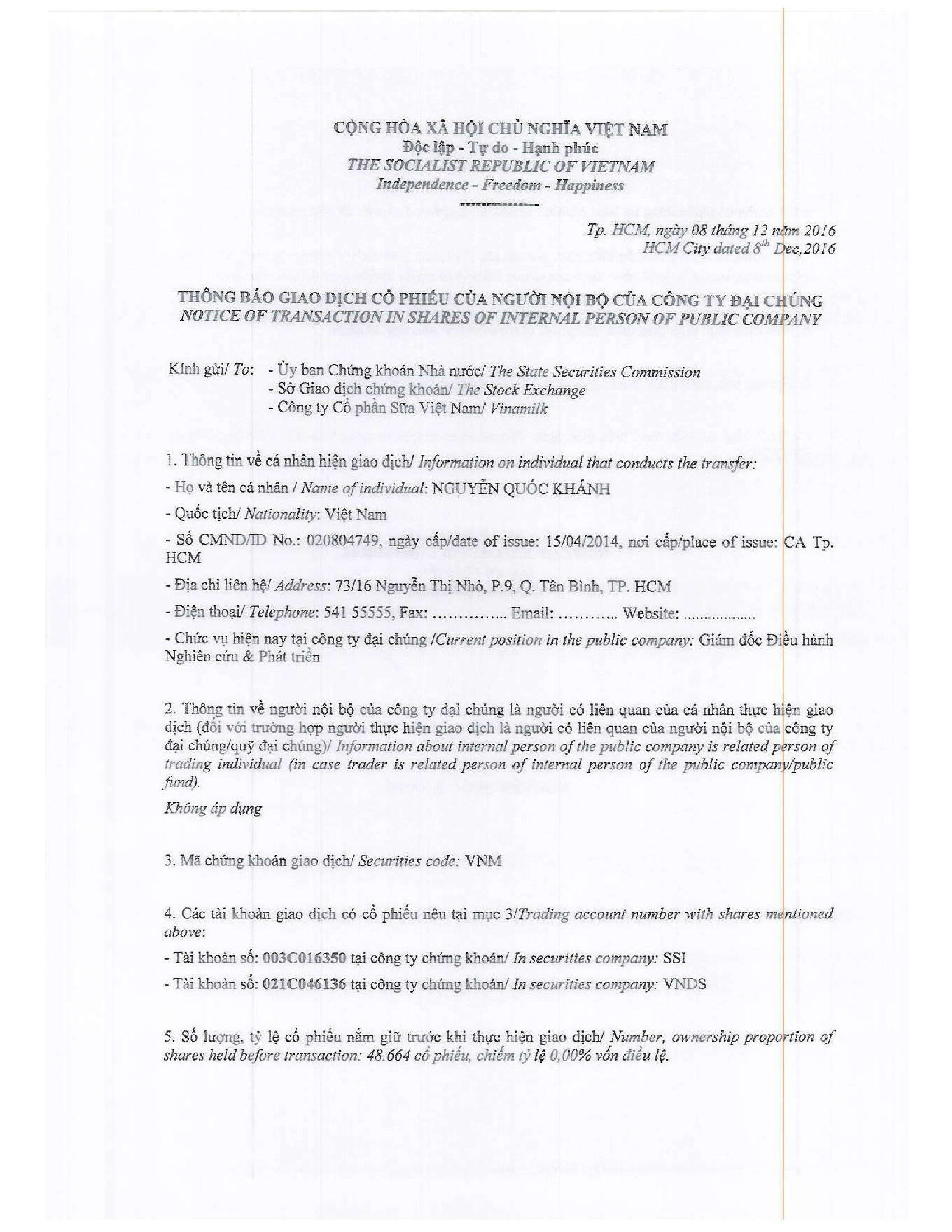 Thông báo giao dịch cổ phiếu của người nội bộ của công ty đại chúng 08/12/2016 - Nguyễn Quốc Khánh 1