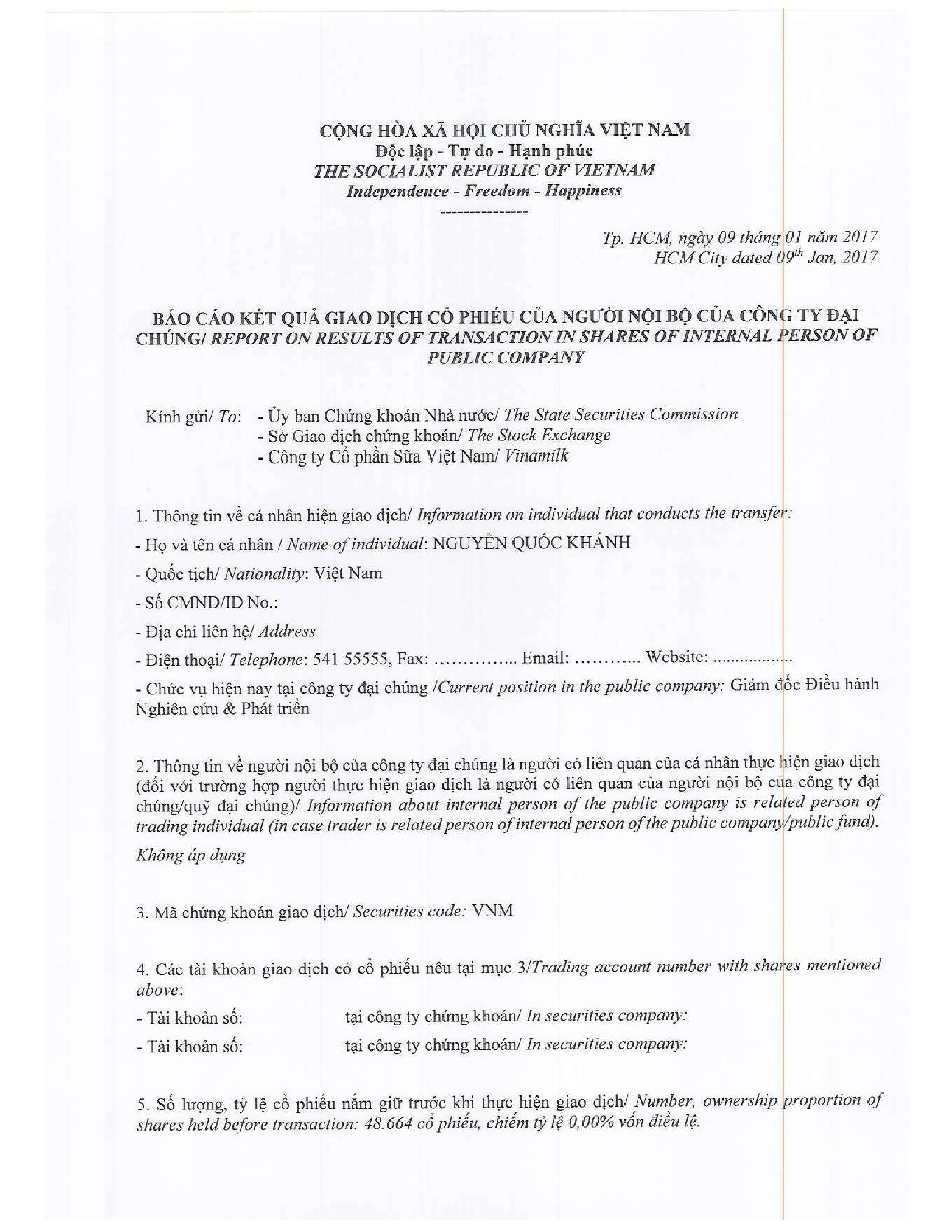 Thông báo giao dịch cổ phiếu của người nội bộ của công ty đại chúng 09/01/2017- Nguyễn Quốc Khánh 1
