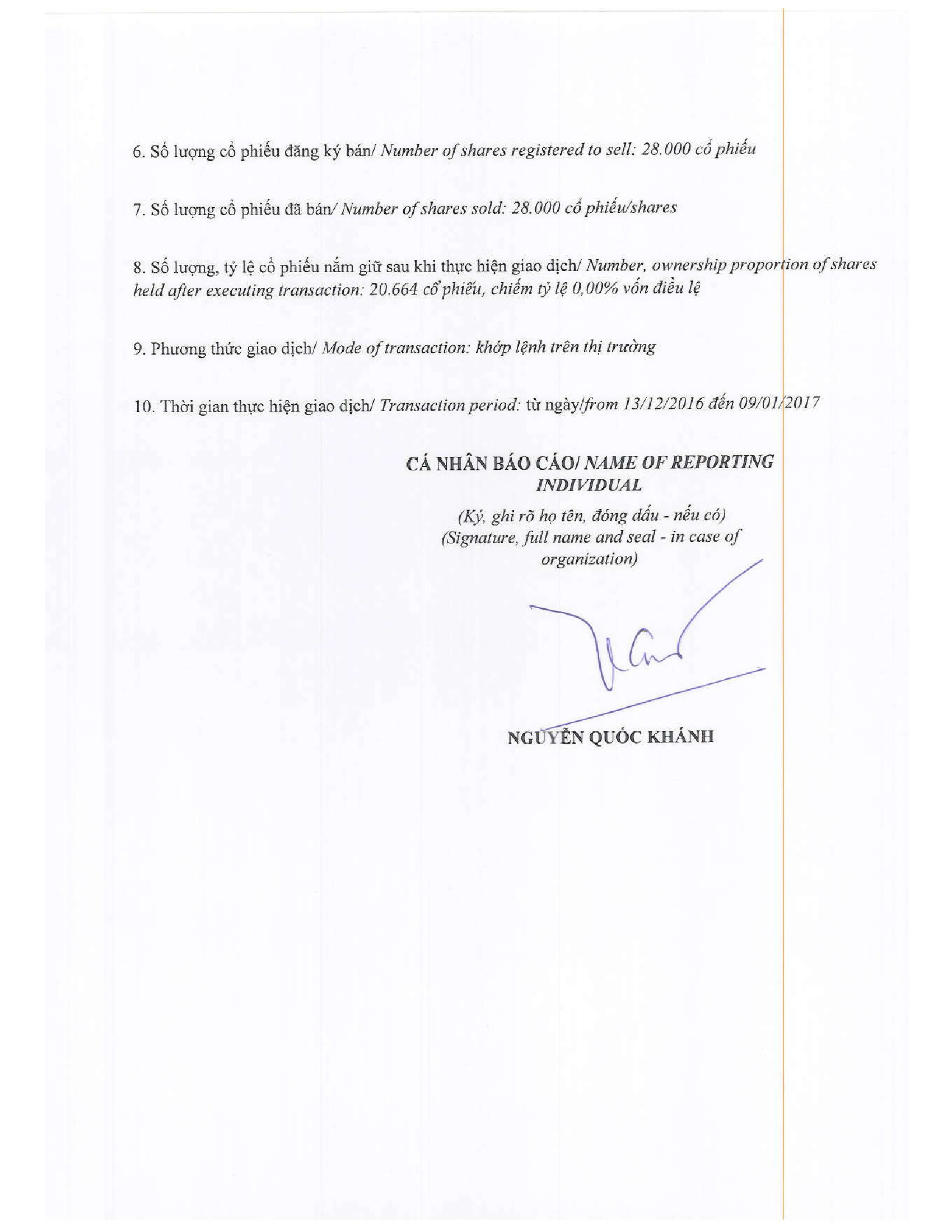 Thông báo giao dịch cổ phiếu của người nội bộ của công ty đại chúng 09/01/2017- Nguyễn Quốc Khánh 2