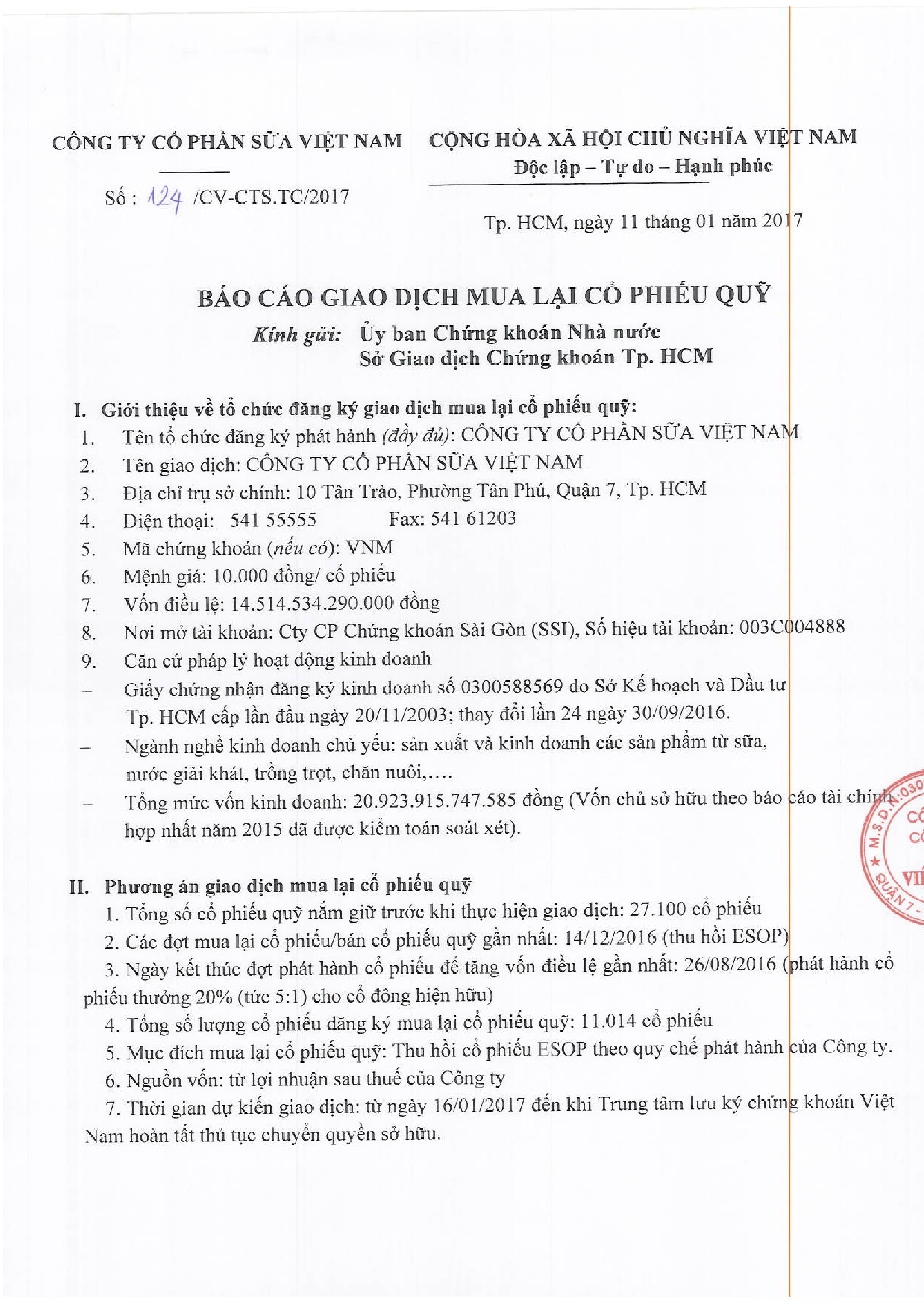 Báo cáo giao dịch mua lại cổ phiếu quỹ 11/01/2017 1