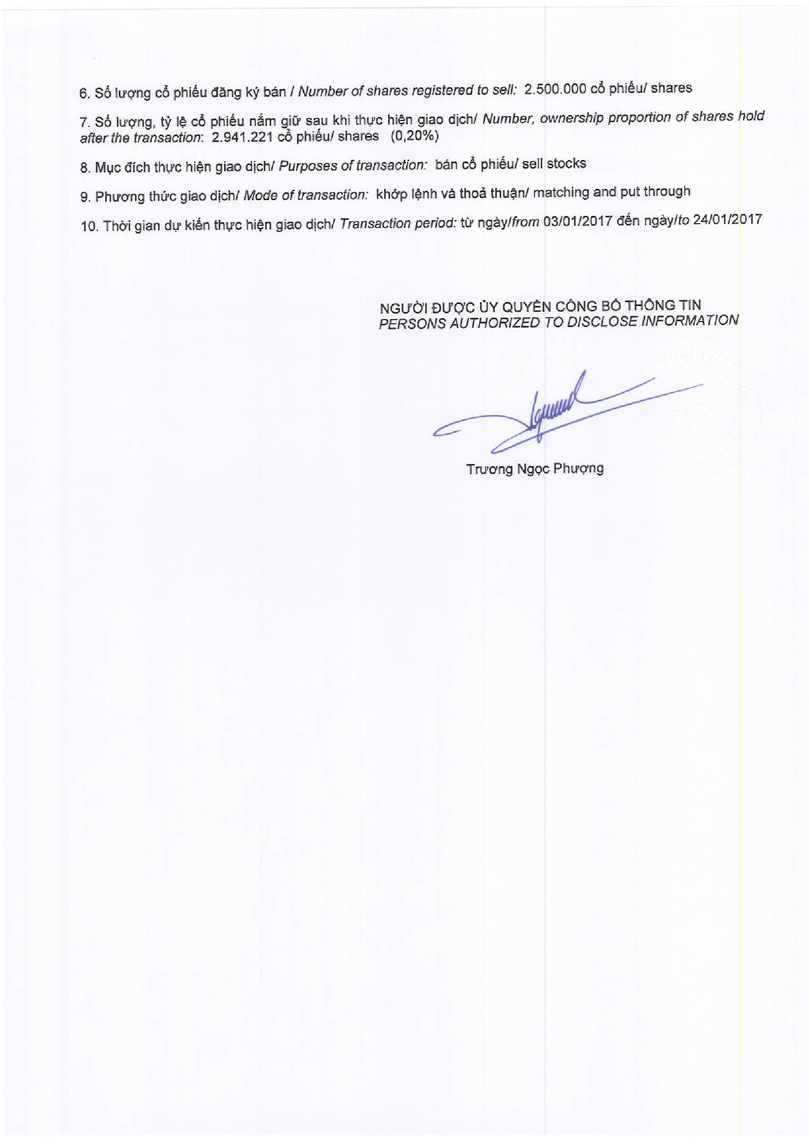 Notice of transaction in shares of related institutional to internal person - Le Anh Minh 2