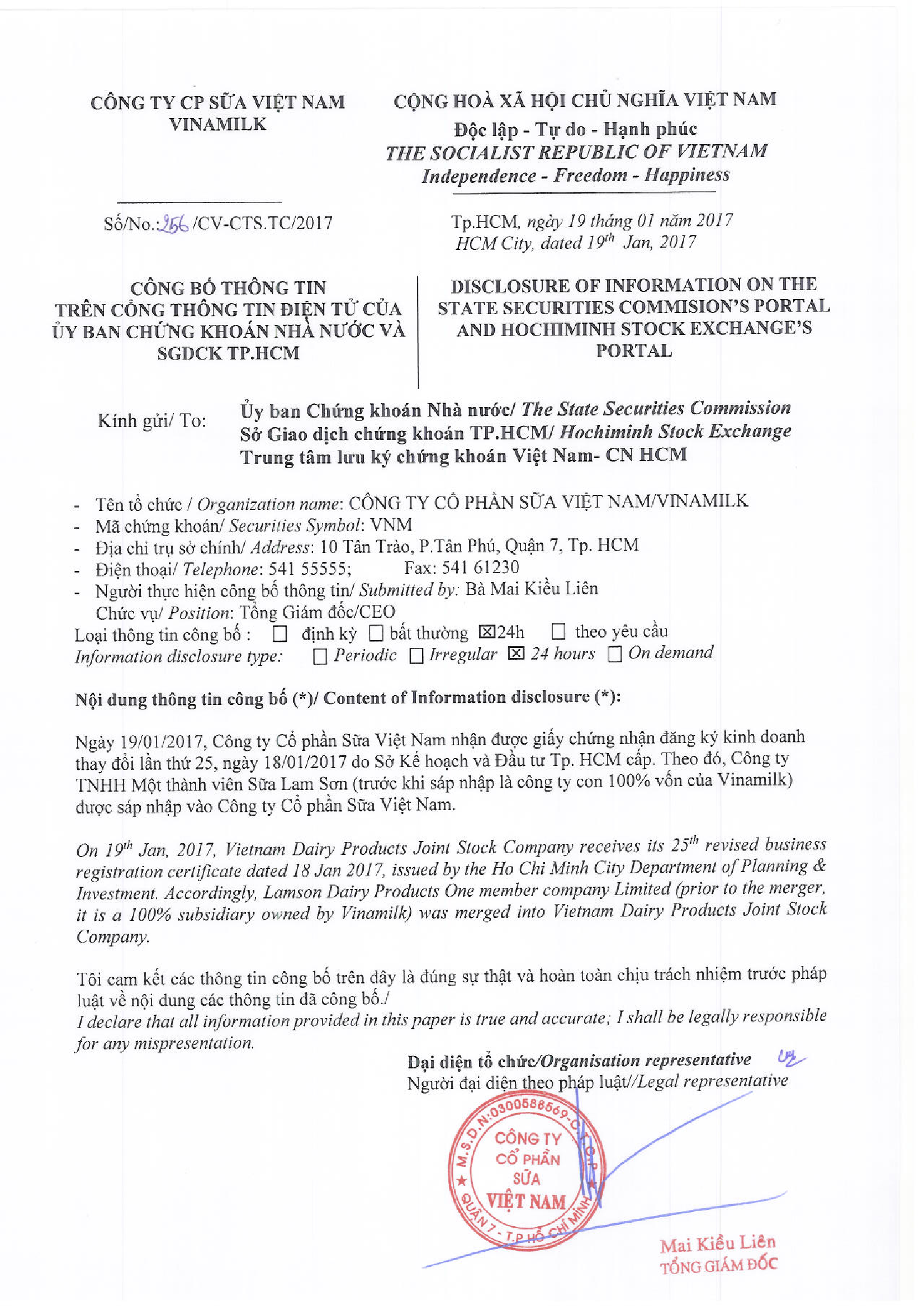 Công bố thông tin trên cổng thông tin điện tử của uỷ ban chứng khoán nhà nước và SGDCK TP.HCM 19/01/2017 1