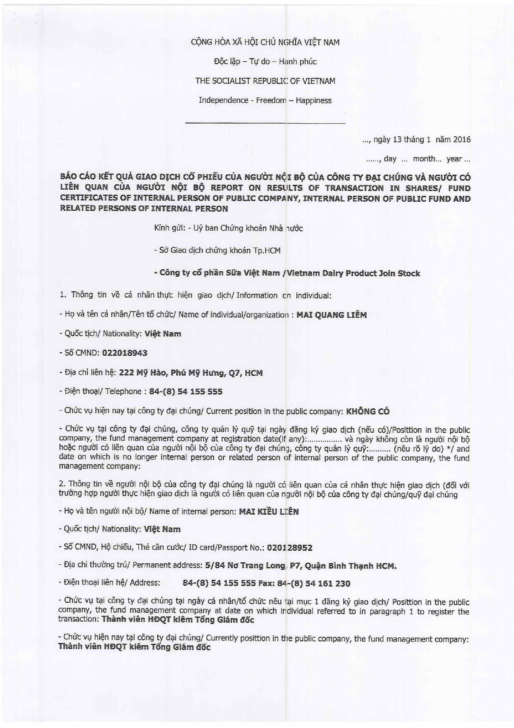 Report on results of transaction in shares/ fund certificates of internal person of public company, internal person of public fund and related person of internal person - Mai Quang Liem 1
