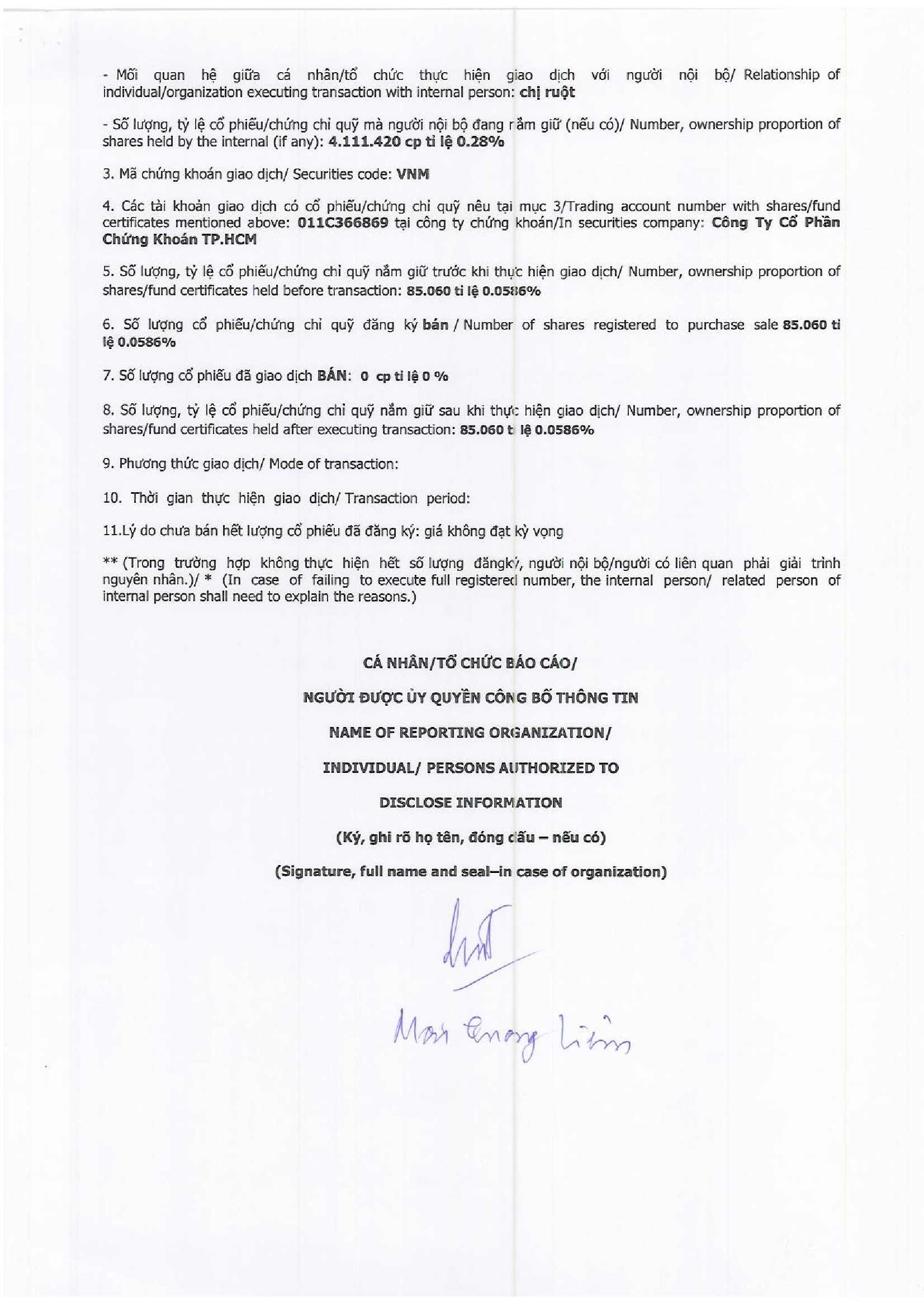 Báo cáo kết quả giao dịch cổ phiếu của người nội bộ của công ty đại chúng và người có liên quan của người nội bộ - Mai Quang Liêm 2