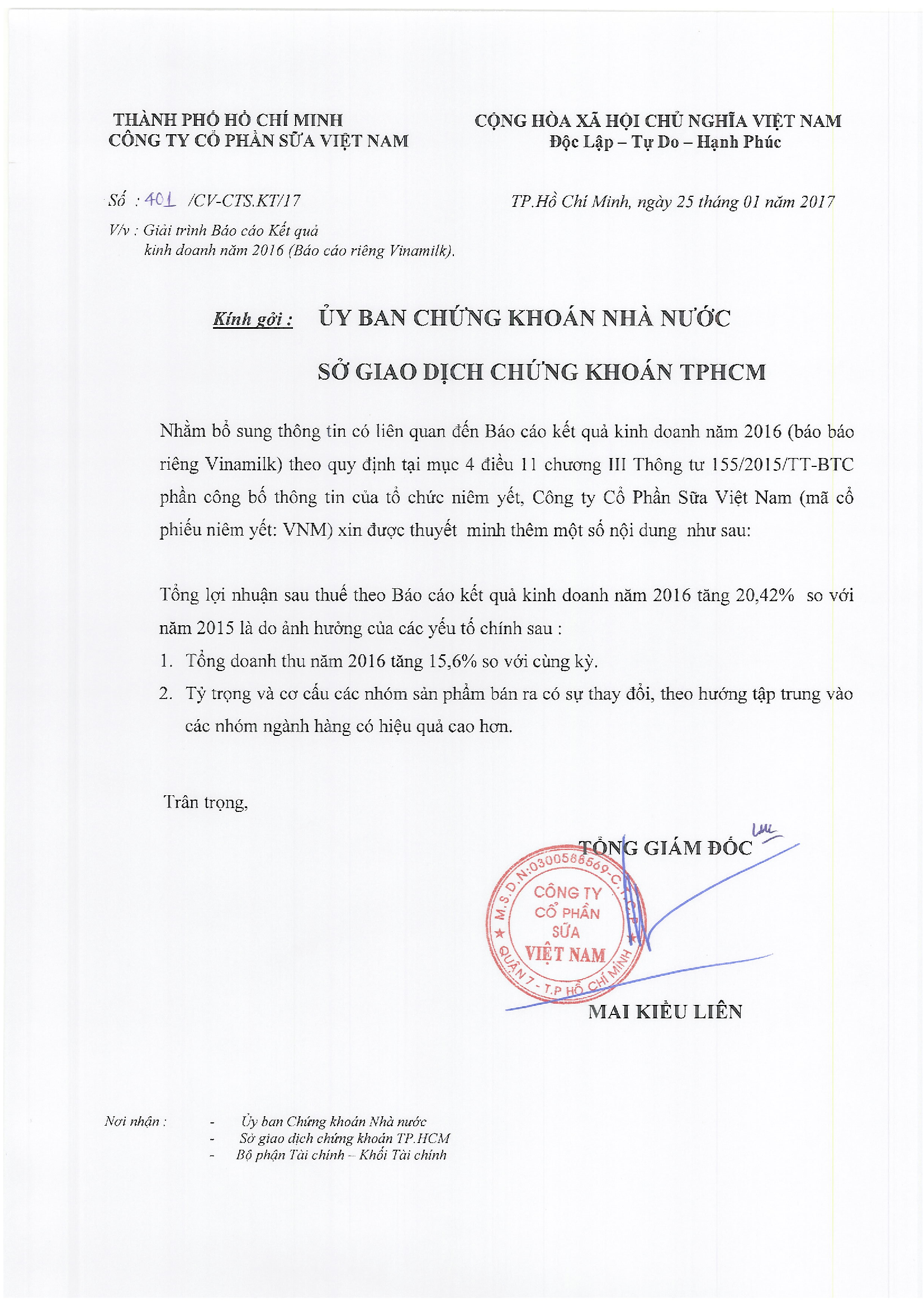 Giải trình Báo cáo Kết quả kinh doanh năm 2016 1