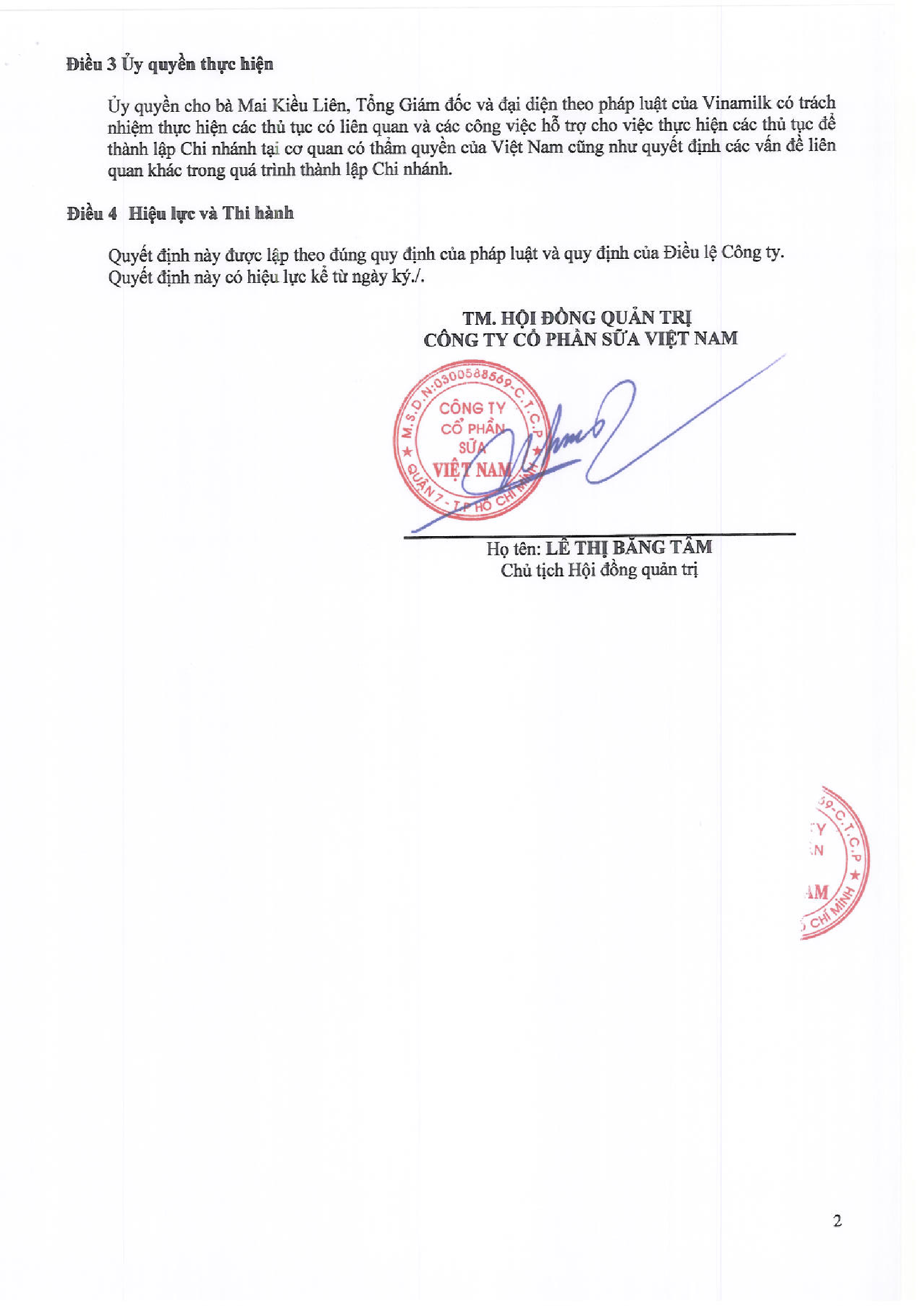 Quyết định của HĐQT Công ty Cổ phần sữa Việt Nam về việc thành lập chi nhánh sữa Lam Sơn tại Thanh Hóa 2