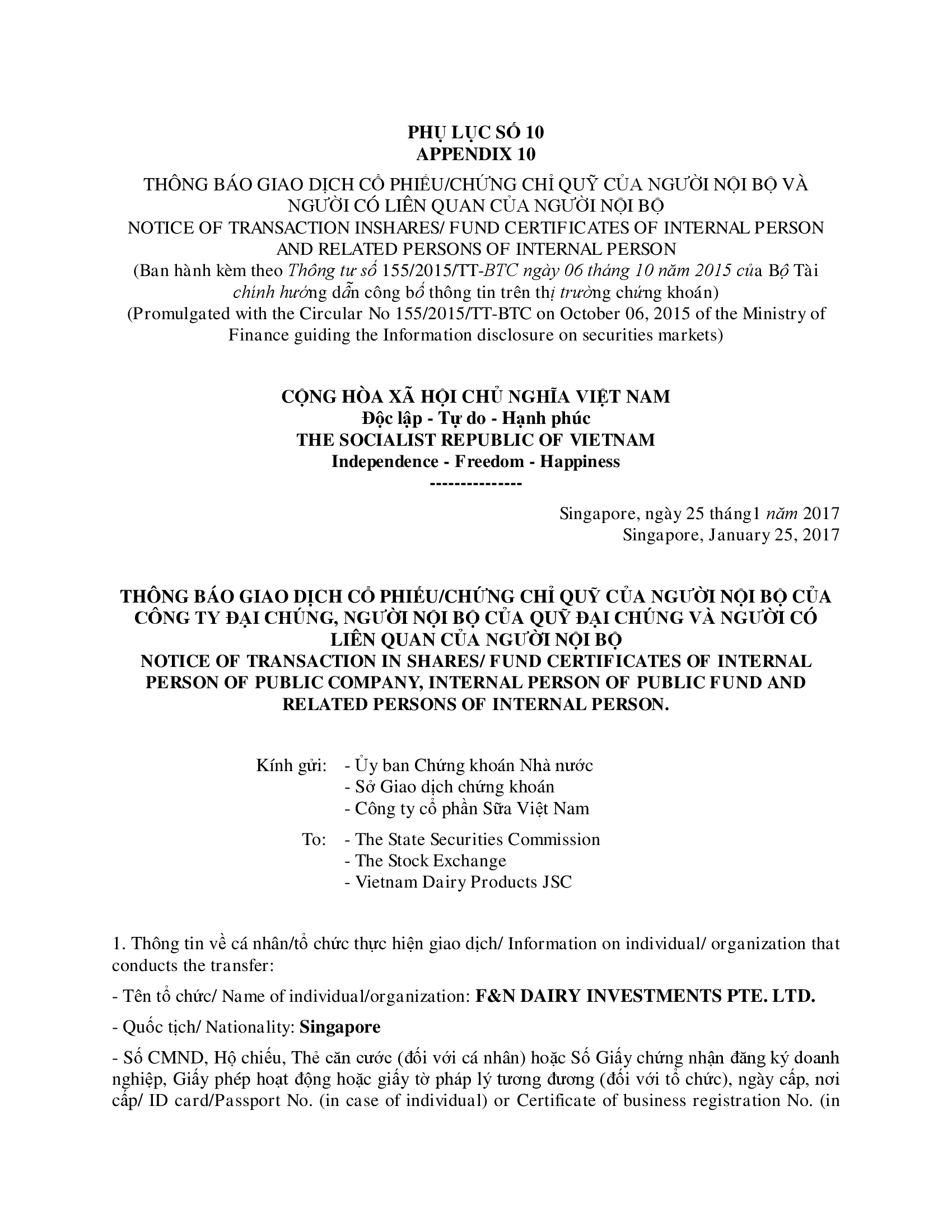 Thông báo giao dịch cổ phiếu/chứng chỉ quỹ của người nội bộ và người có liên quan của người nội bộ - F&N DI 1