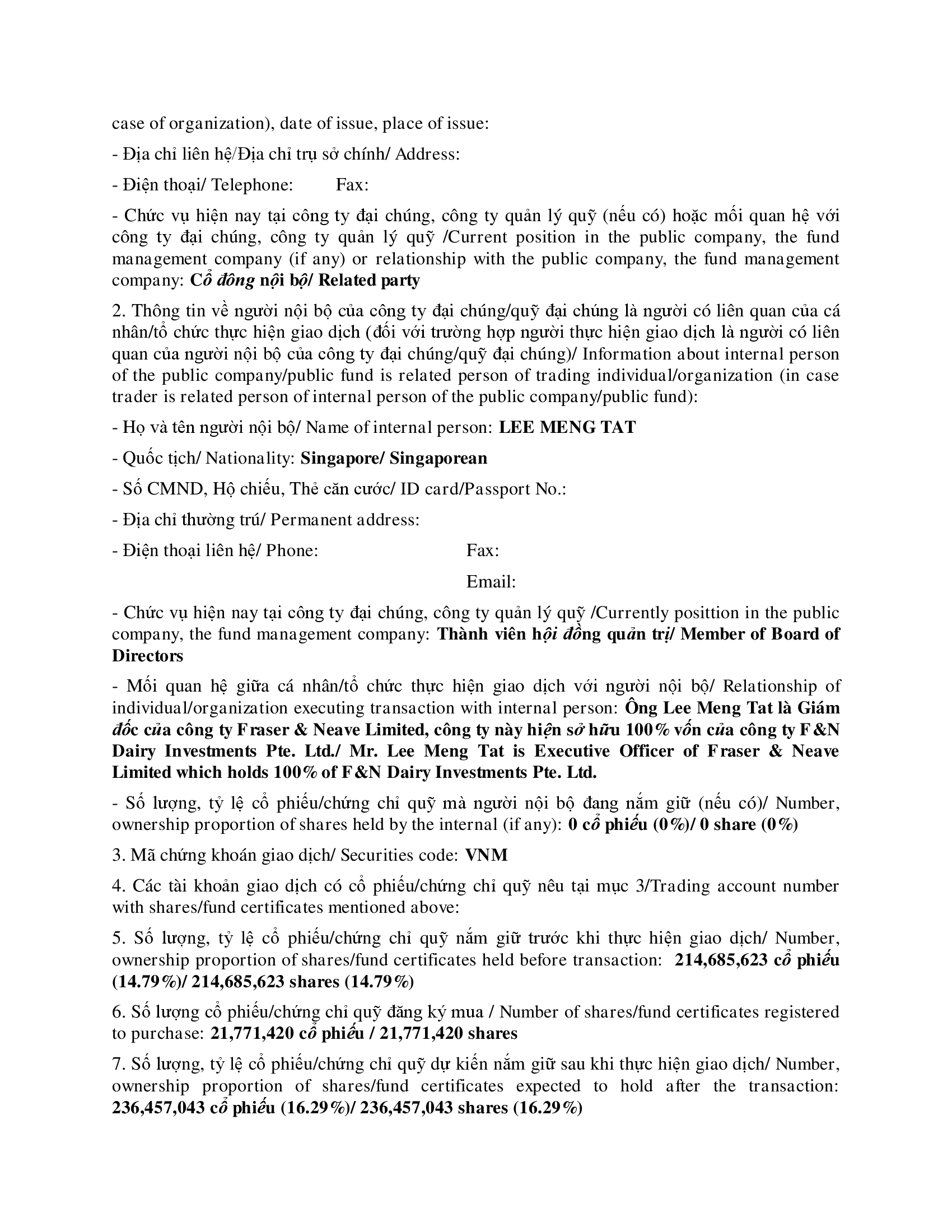 Thông báo giao dịch cổ phiếu/chứng chỉ quỹ của người nội bộ và người có liên quan của người nội bộ - F&N DI 2