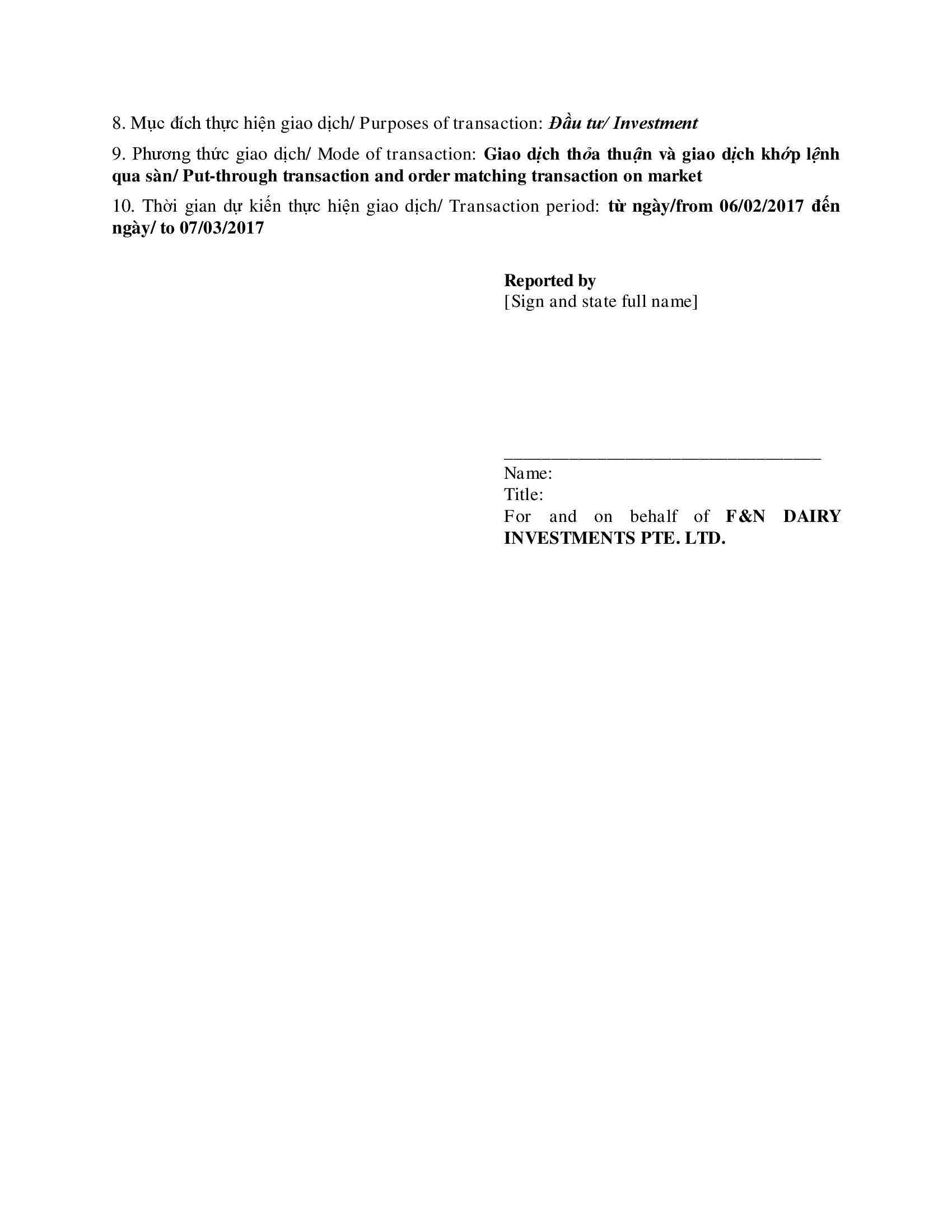 Thông báo giao dịch cổ phiếu/chứng chỉ quỹ của người nội bộ và người có liên quan của người nội bộ - F&N DI 3