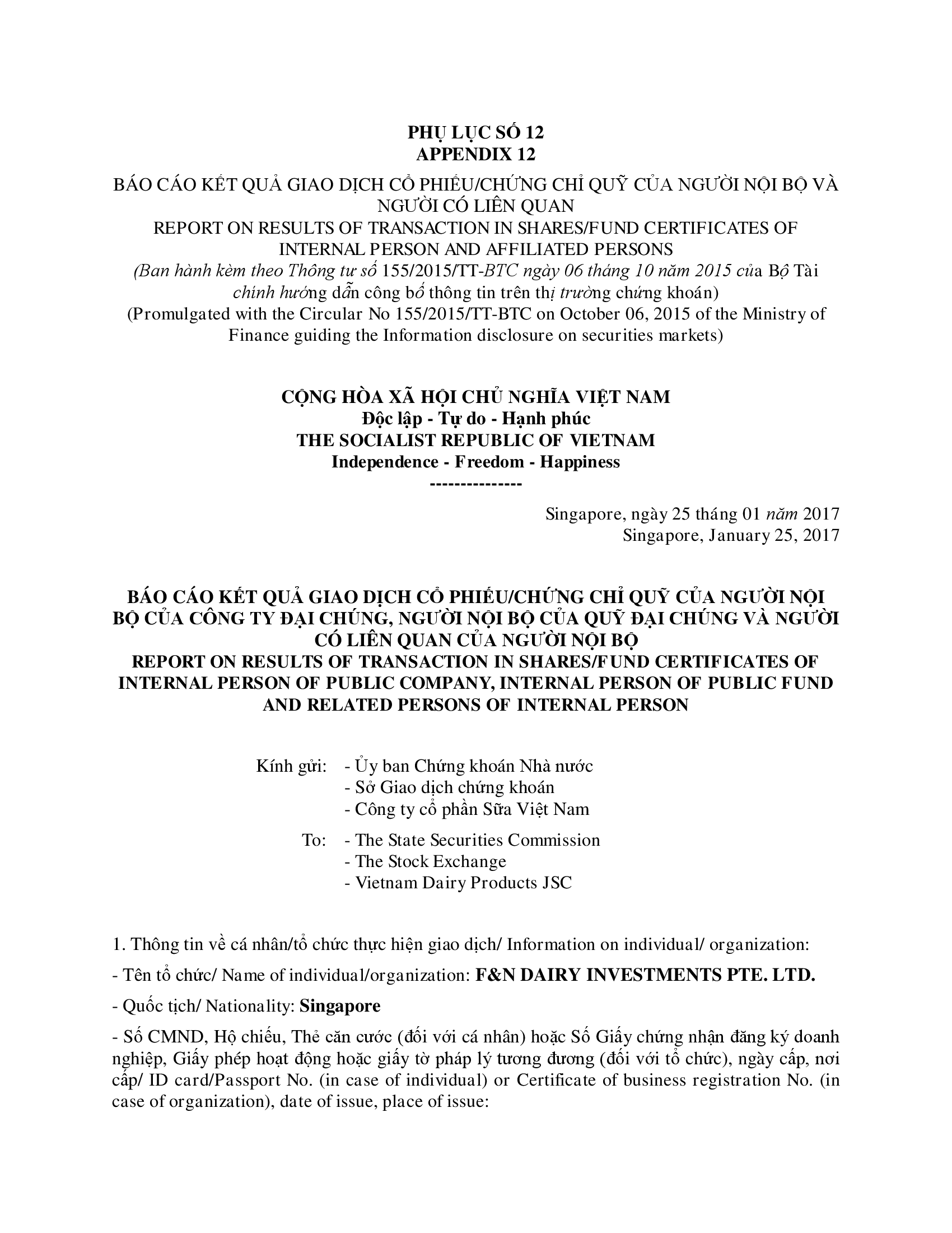 Báo cáo kết quả giao dịch cổ phiếu/chứng chỉ quỹ của người nội bộ và người có liên quan- F&N DI 1