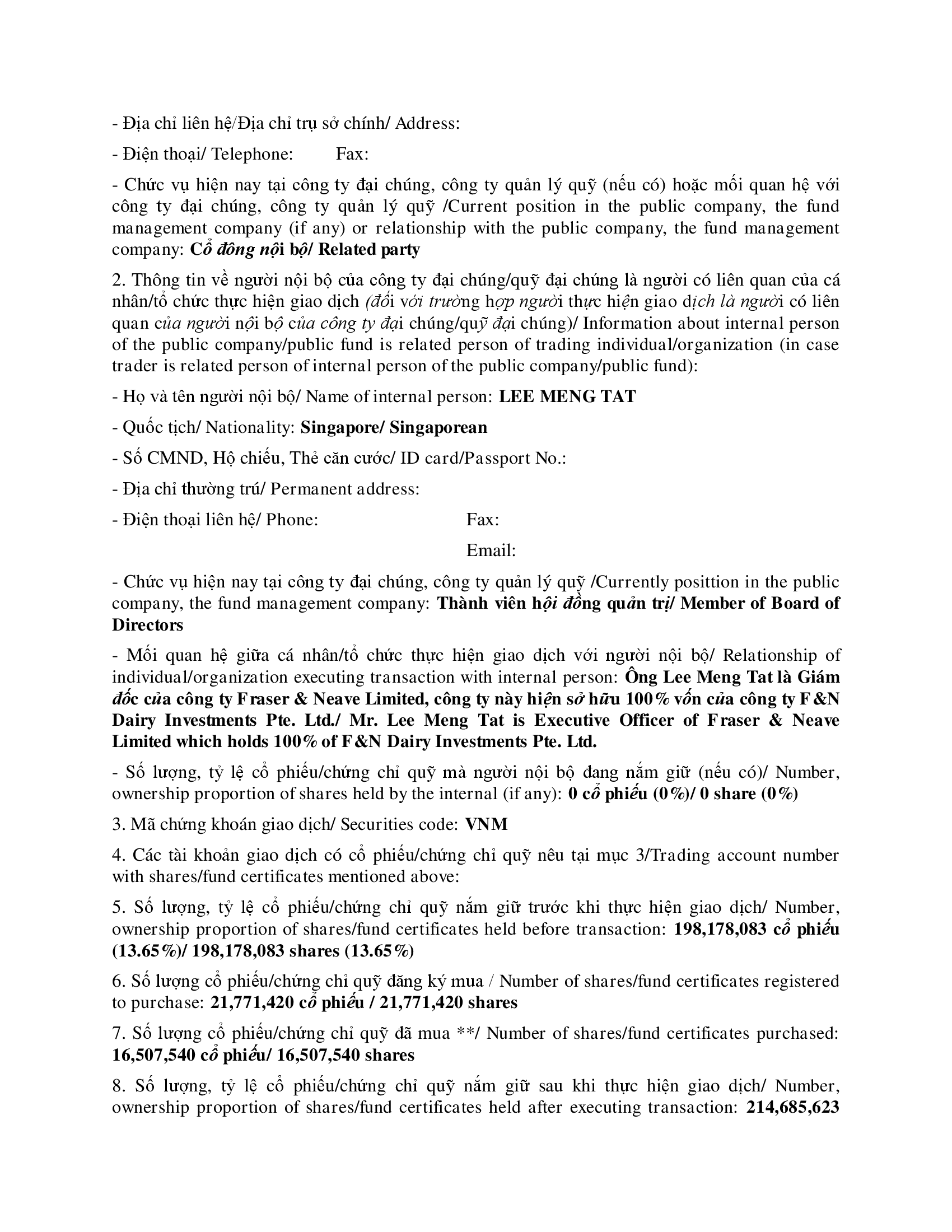 Báo cáo kết quả giao dịch cổ phiếu/chứng chỉ quỹ của người nội bộ và người có liên quan- F&N DI 2