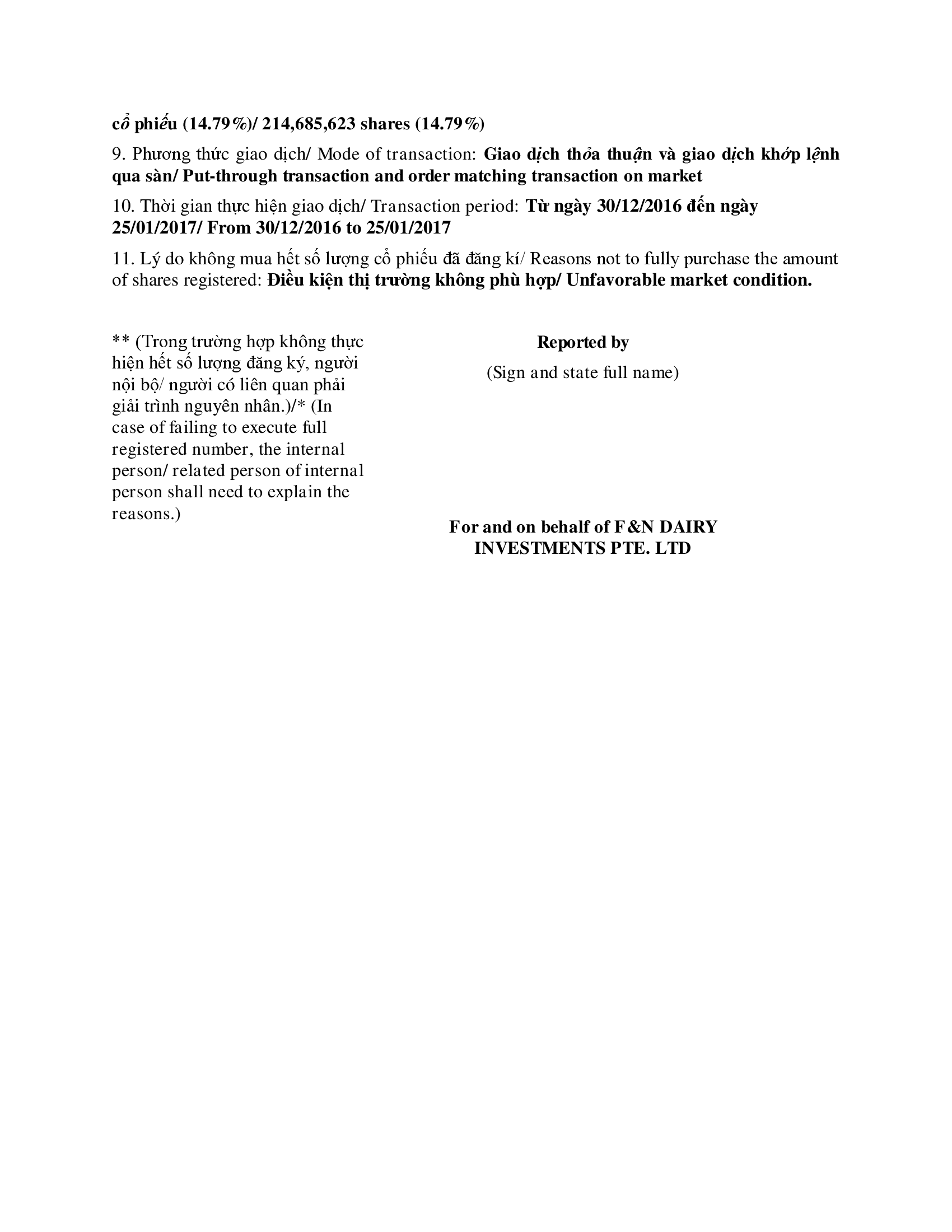 Báo cáo kết quả giao dịch cổ phiếu/chứng chỉ quỹ của người nội bộ và người có liên quan- F&N DI 3