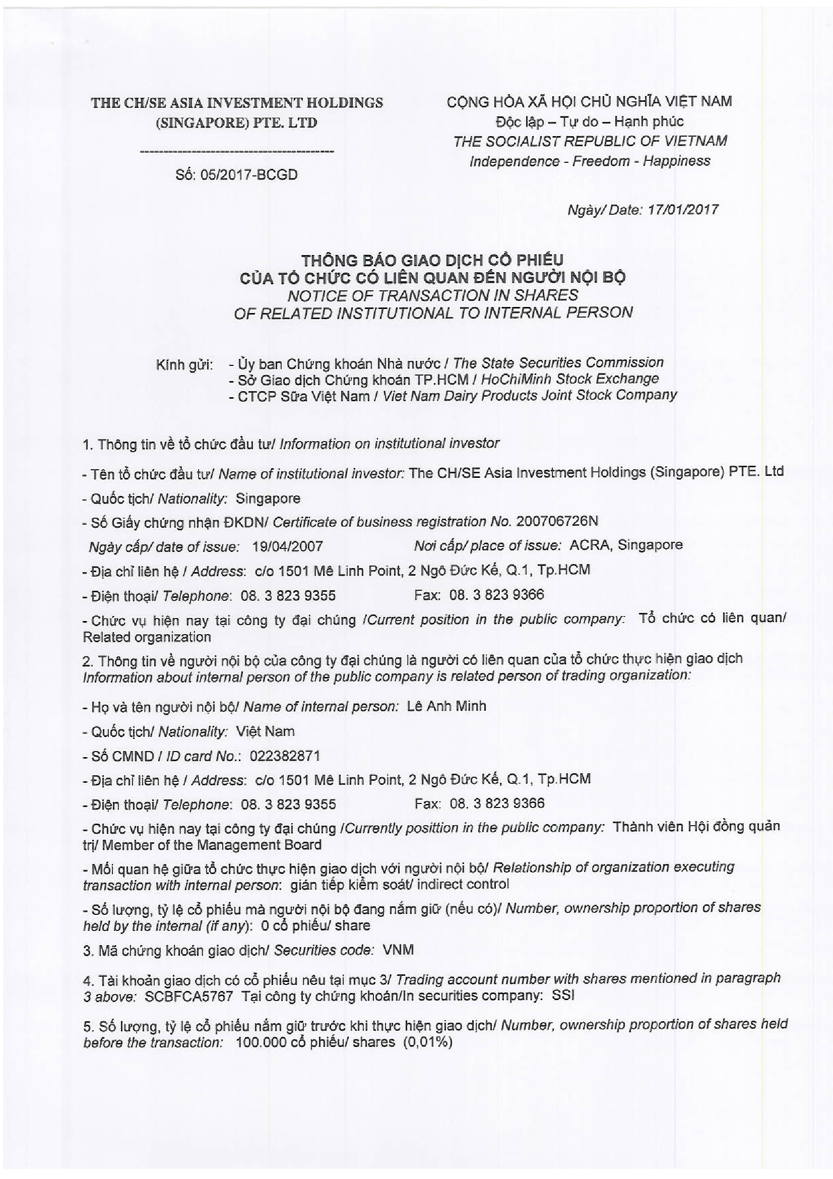 Notice of transaction in shares of related institutional to internal person 17/01/2017 - Le Anh Minh 1