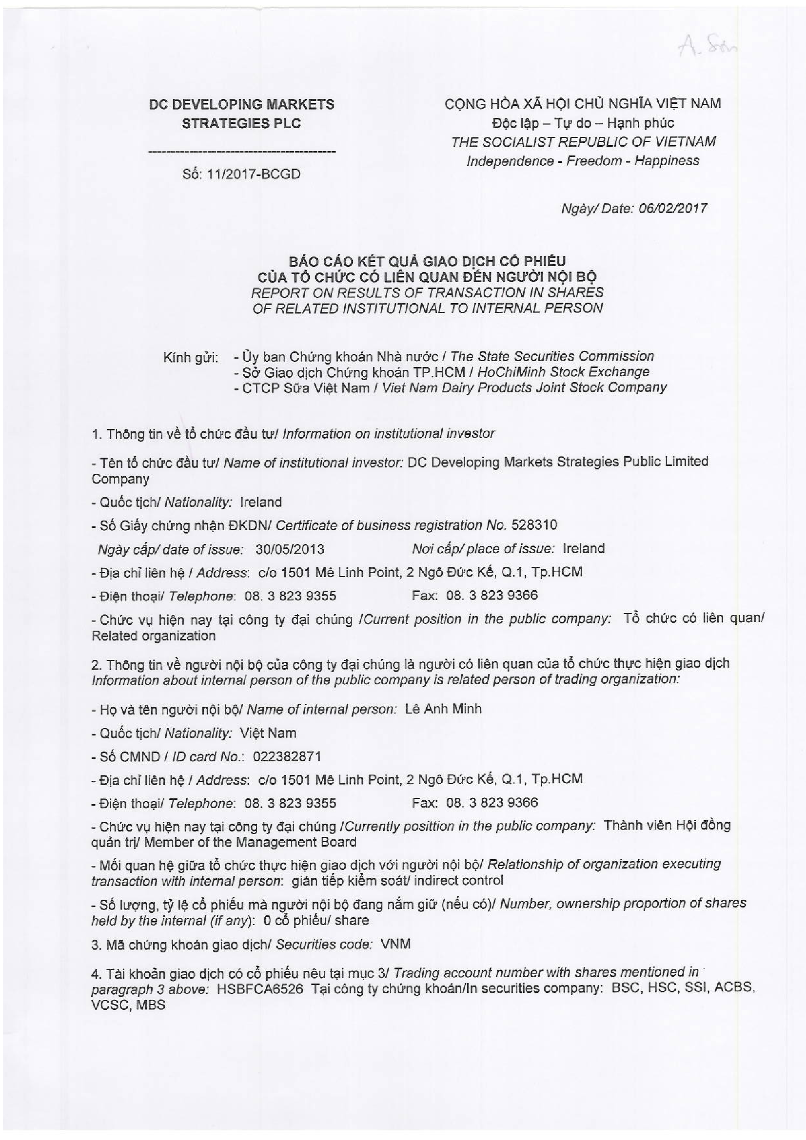 Báo cáo kết quả giao dịch cổ phiếu của tổ chức có liên quan đến người nội bộ 11/2017 - BCGD 1