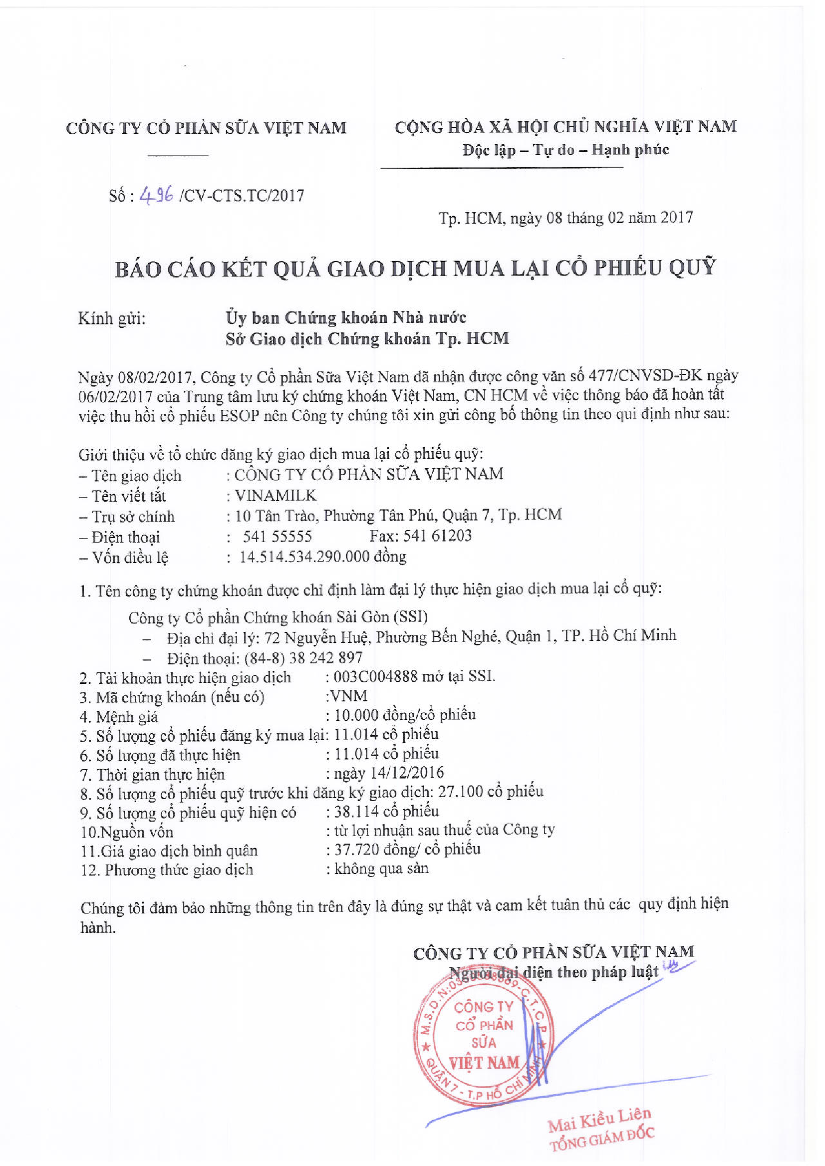 Báo cáo kết quả giao dịch mua lại cổ phiếu quỹ 1