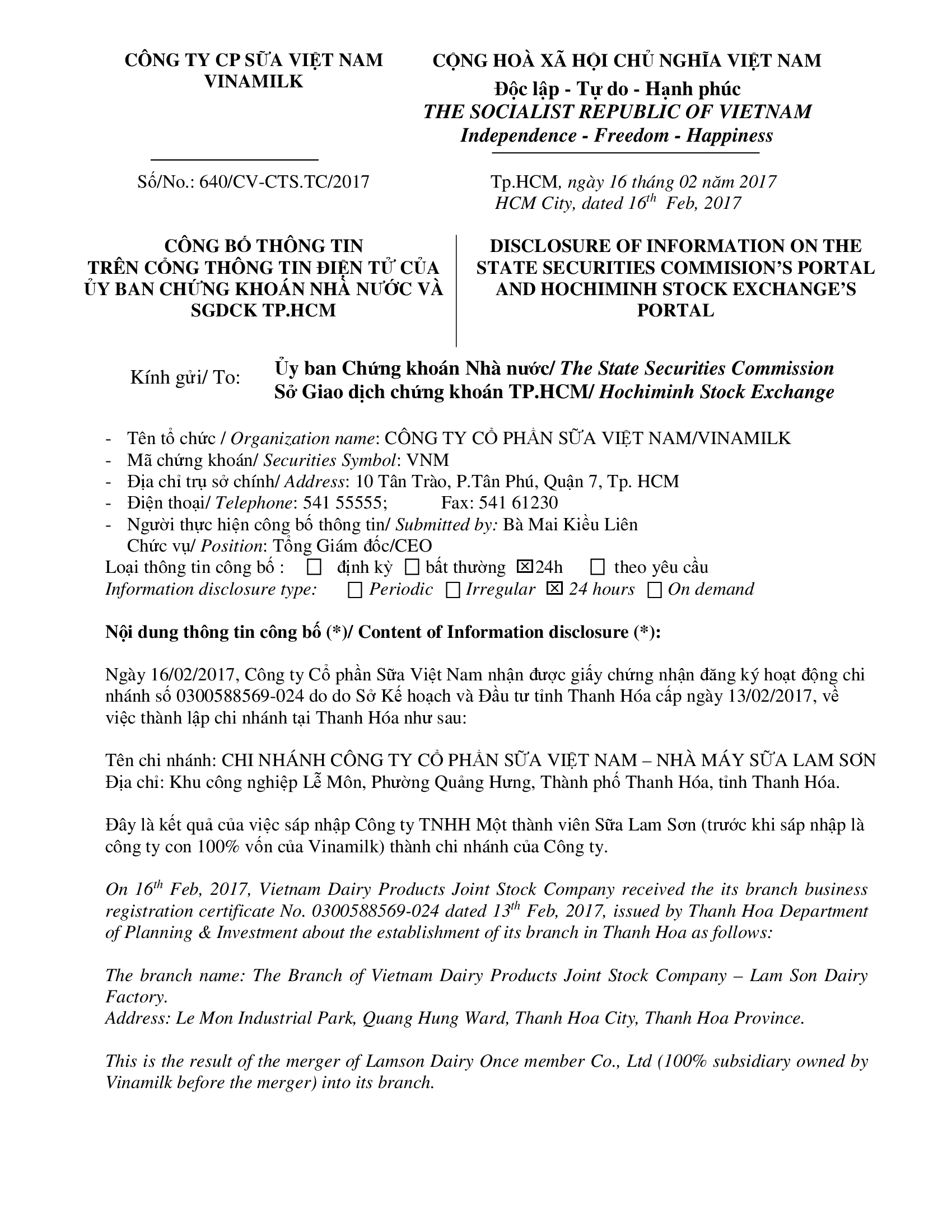 Disclosure of information on the state securities commission's portal and Ho Chi Minh stock exchange's portal 1
