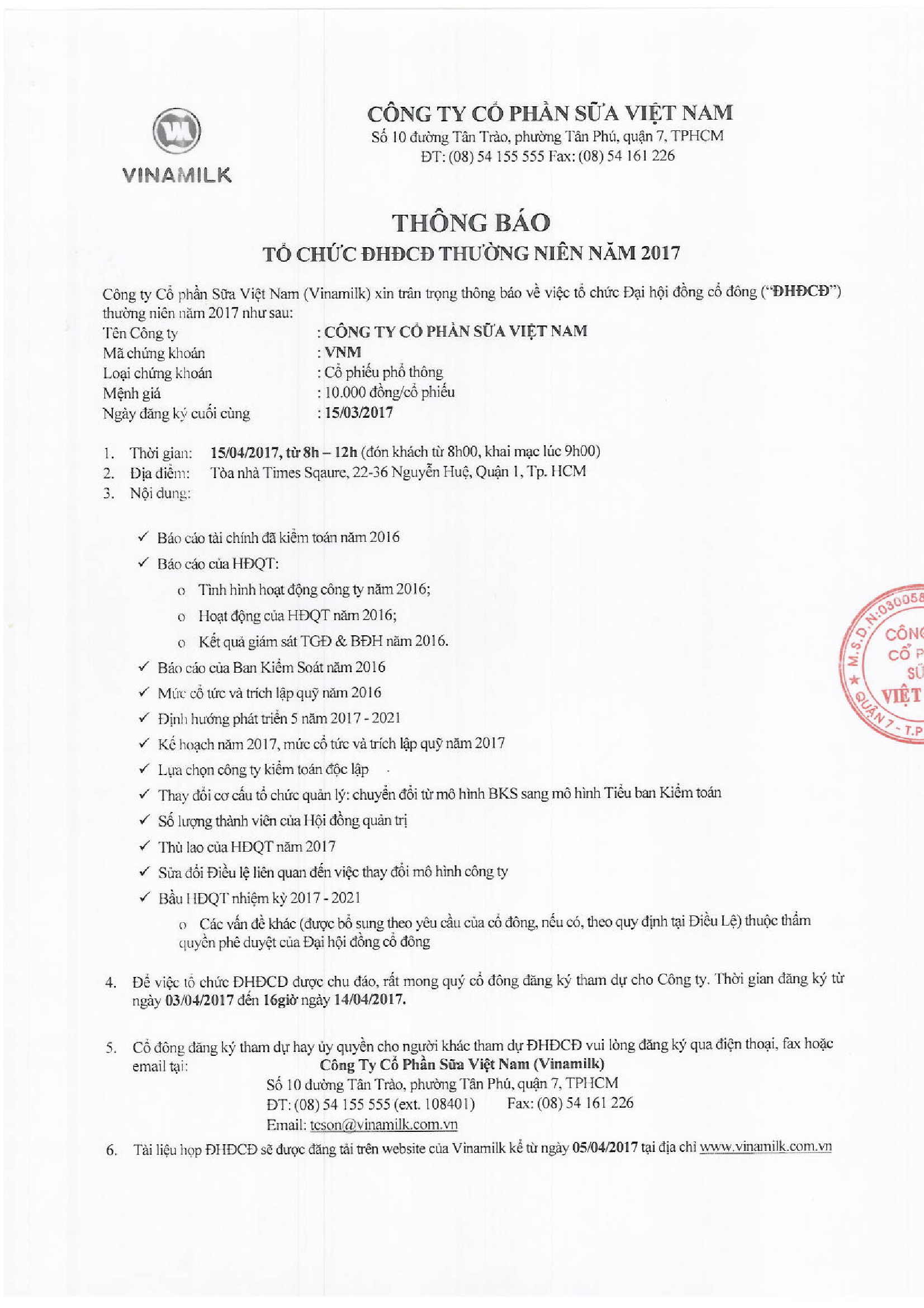 Thông báo tổ chức ĐHCĐ thường niên năm 2017 1