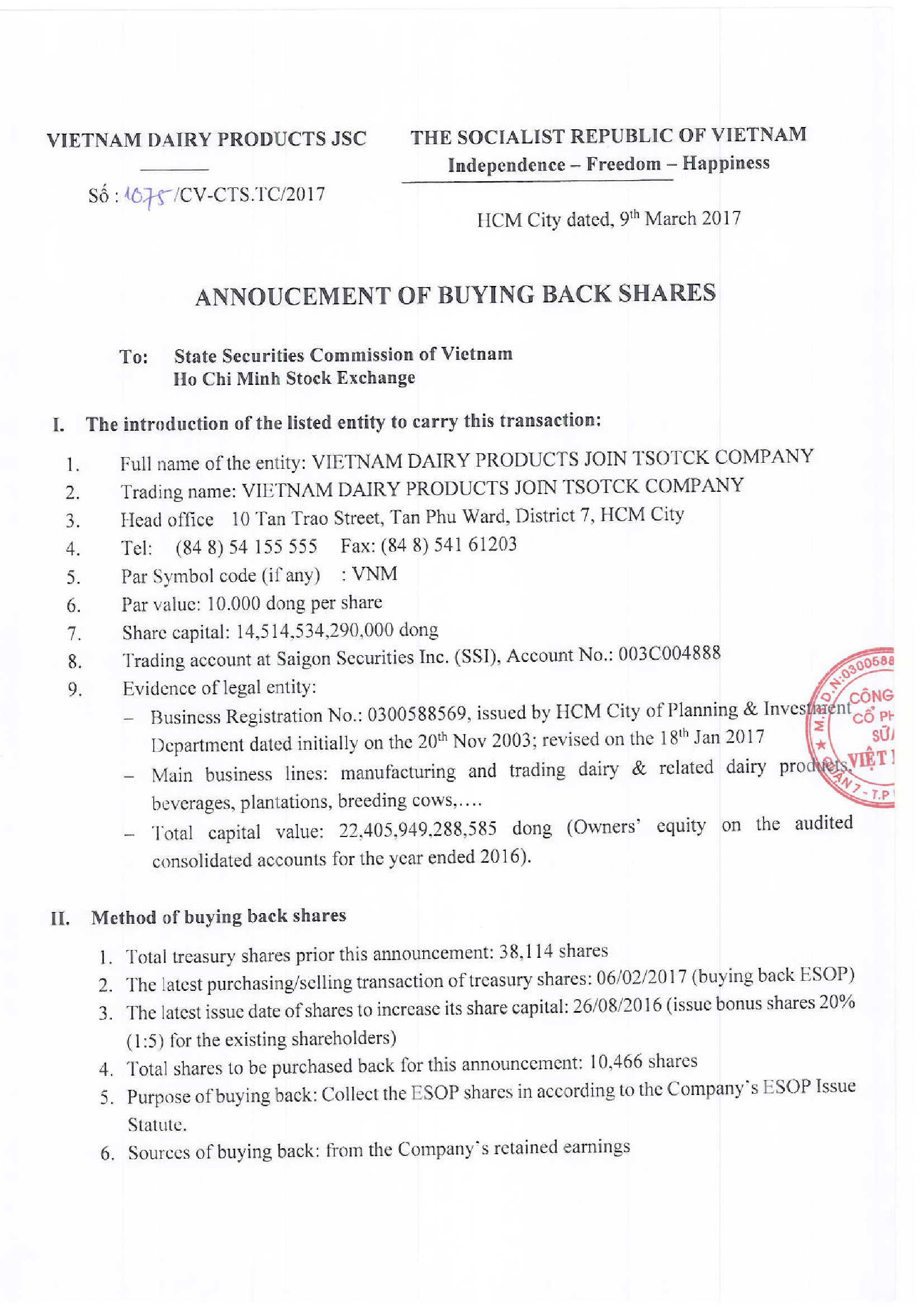 Annoucement of buying back shares 1