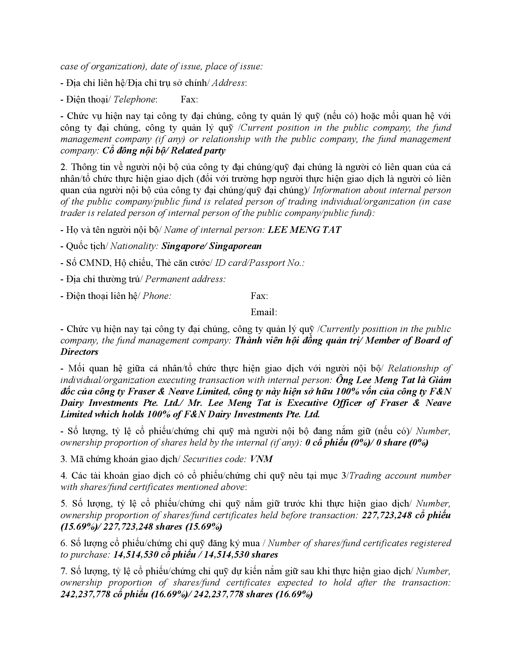 Thông báo giao dịch cổ phiếu/chứng chỉ quỹ của người nội bộ của công ty đại chúng, người nội bộ của quỹ đại chúng và người có liên quan của người nội bộ 2