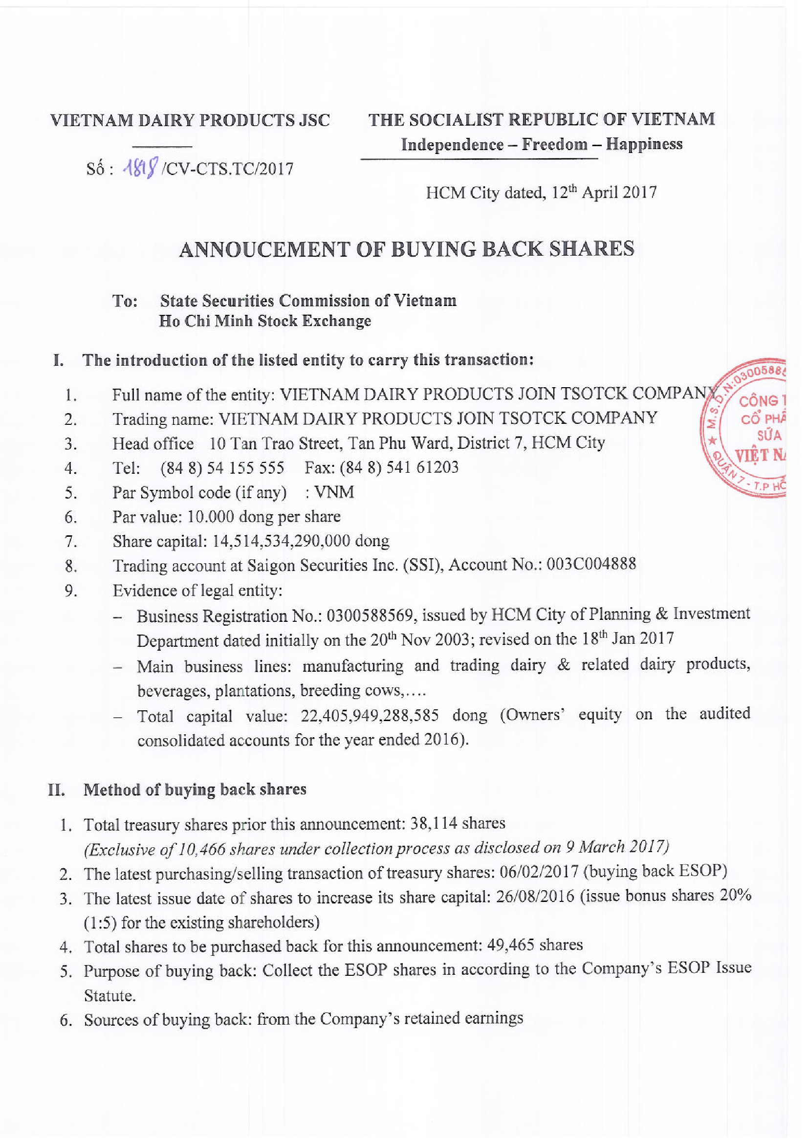 Announcement of buying back shares 1