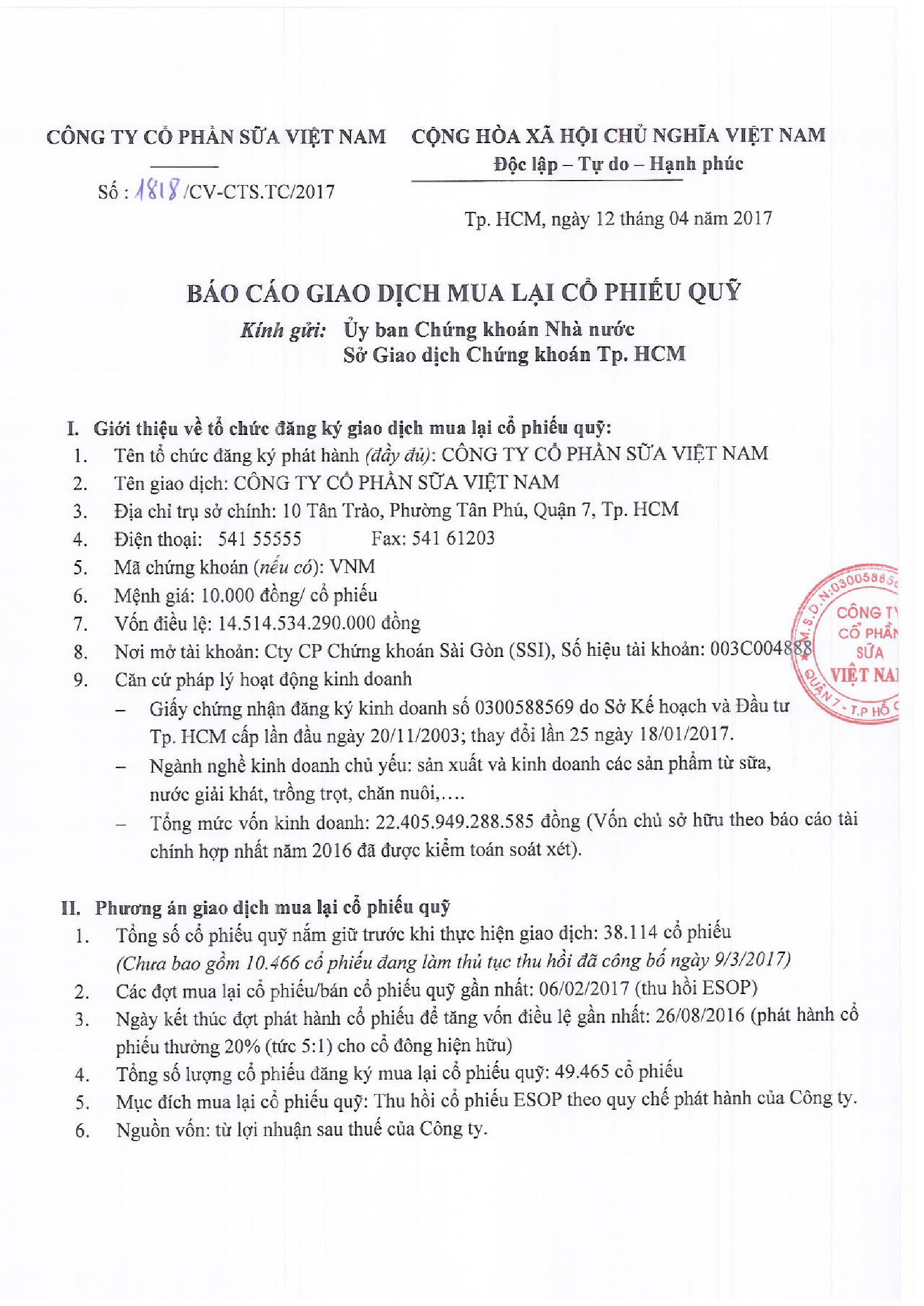 Báo cáo giao dịch mua lại cổ phiểu quỹ 1