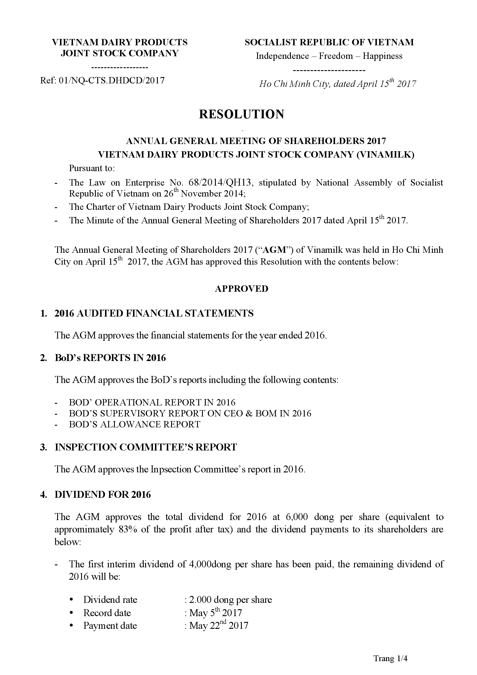 Resolution annual general meeting of shareholders 2017 Vietnam dairy products joint stock company (Vinamilk) 1