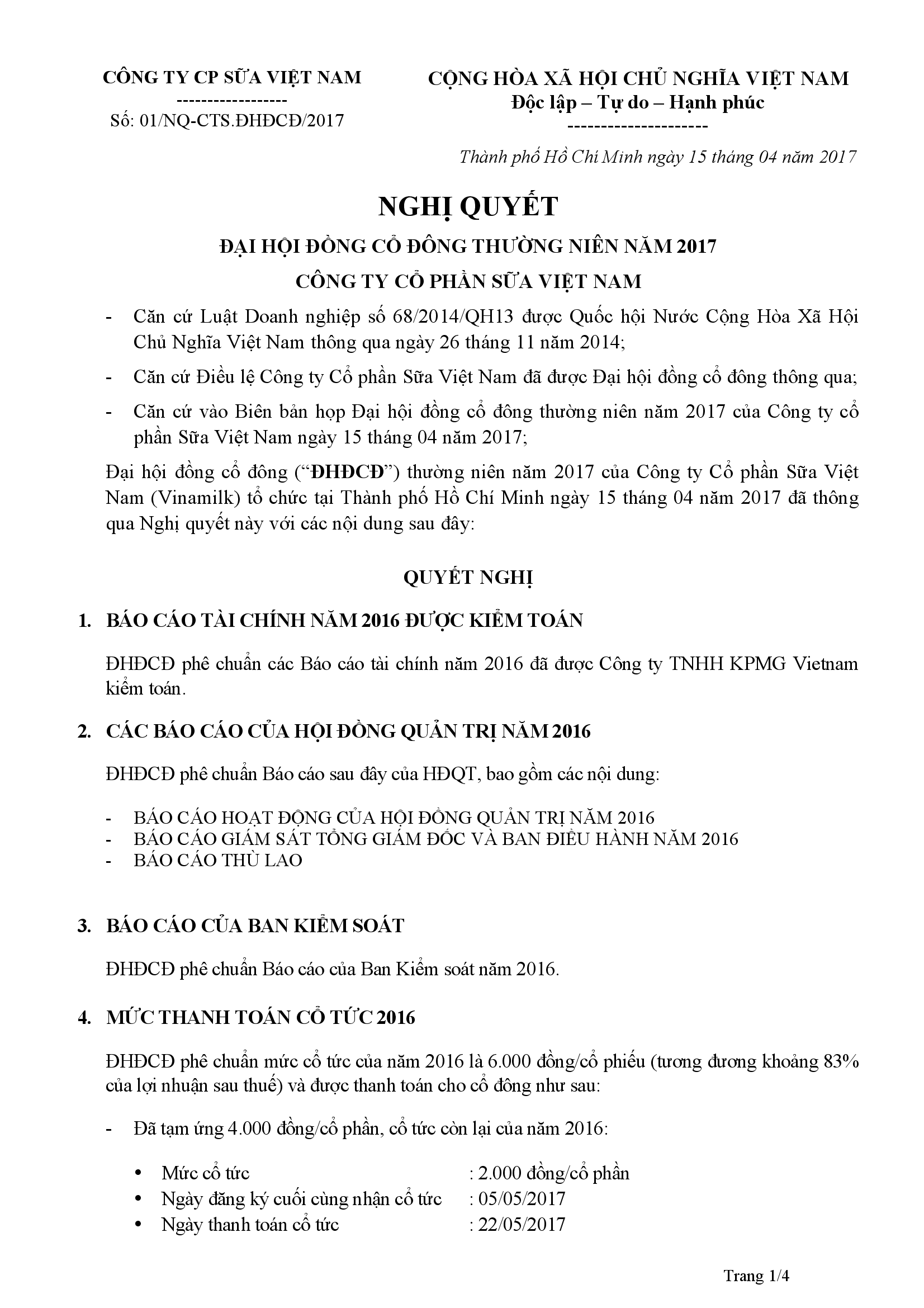 Nghị quyết đại hội đồng cổ đông thường niên năm 2017 công ty cổ phần sữa Việt Nam 1