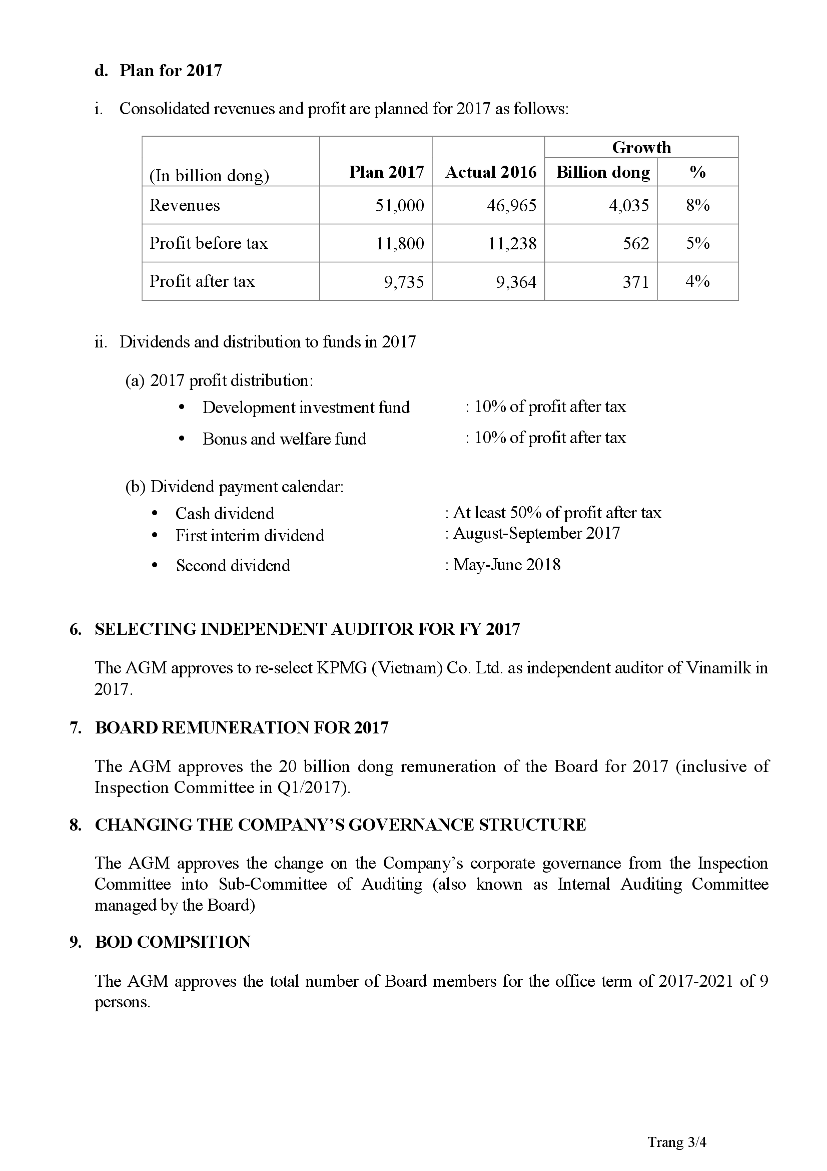 Resolution annual general meeting of shareholders 2017 Vietnam dairy products joint stock company (Vinamilk) 3