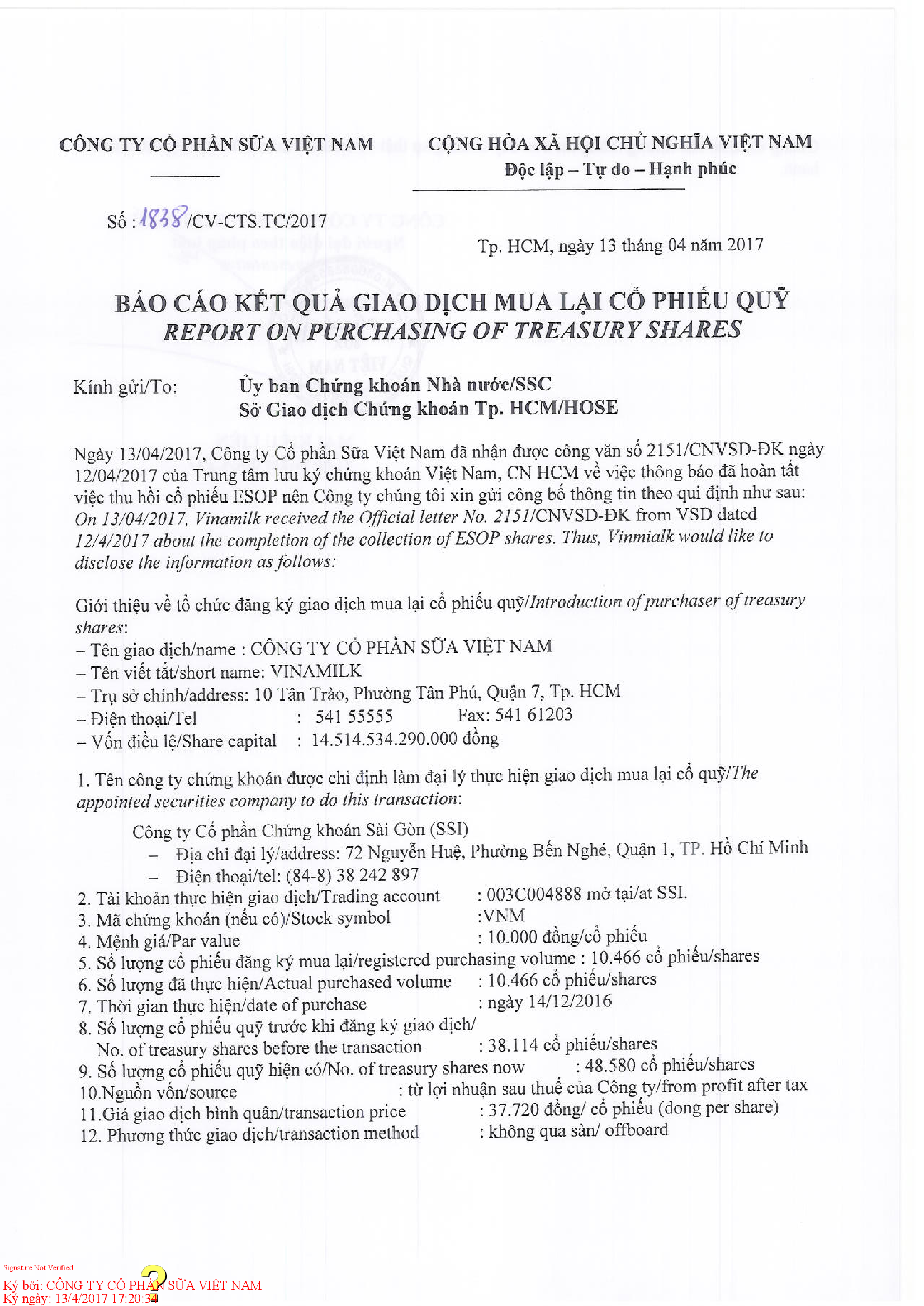 Report on purchasing of treasury shares 1