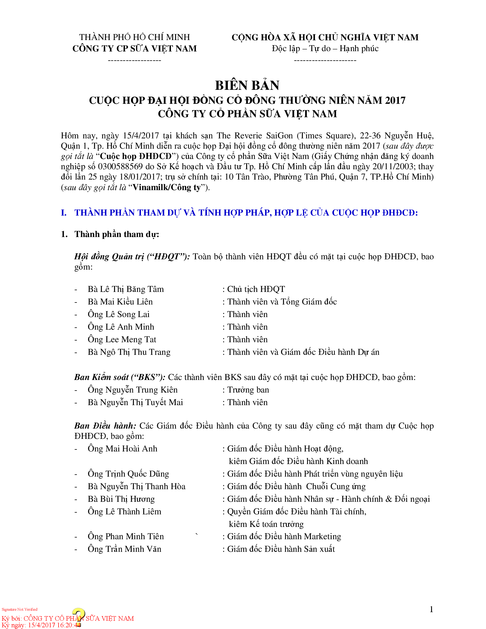 Biên bản cuộc họp Đại Hội Đồng Cổ Đông thường niên năm 2017 Công Ty cổ Phần Sữa Việt Nam 1
