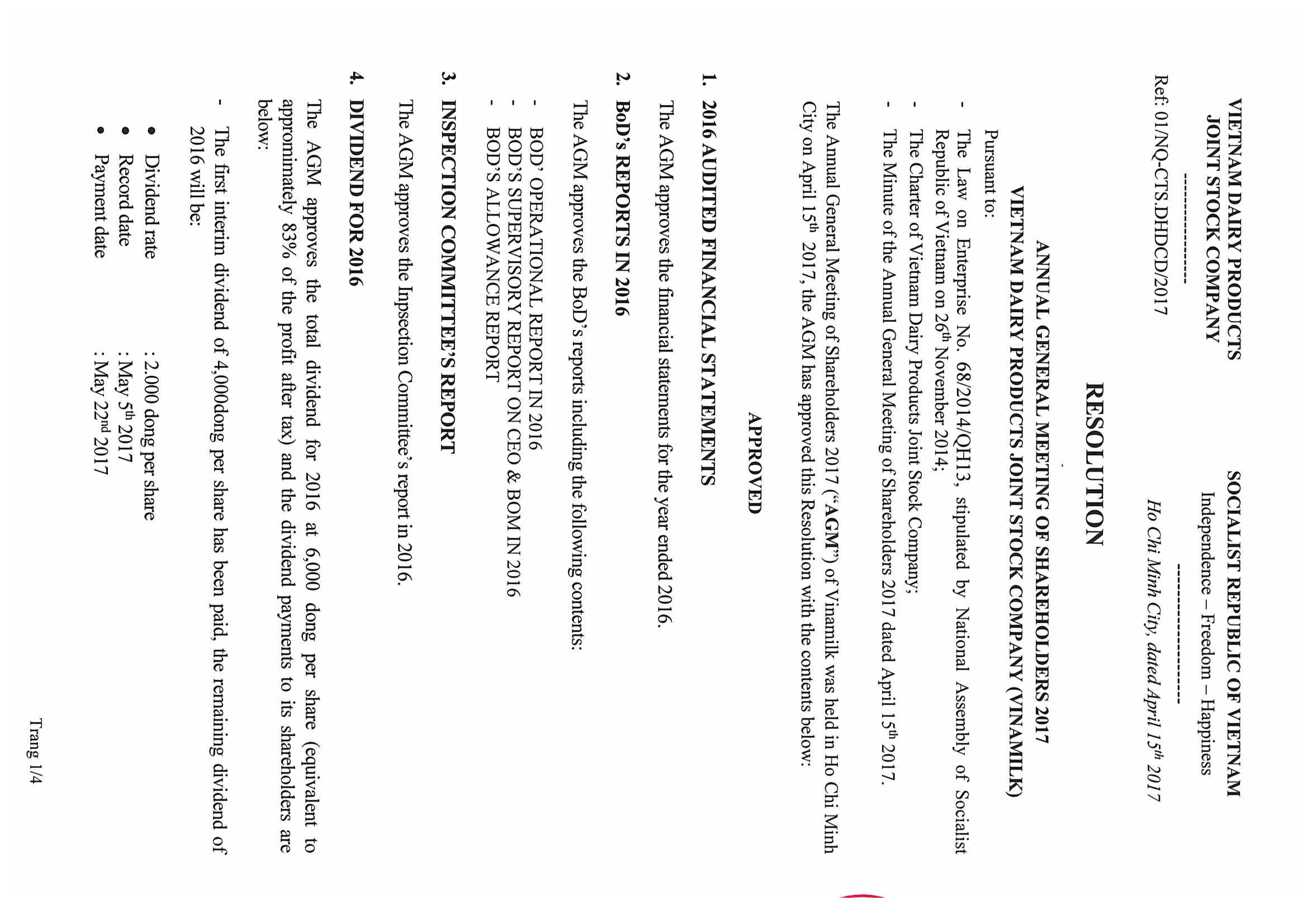 Resolution annual general meeting of shareholders 2017 Vietnam dairy products joint stock company (Vinamilk) 1