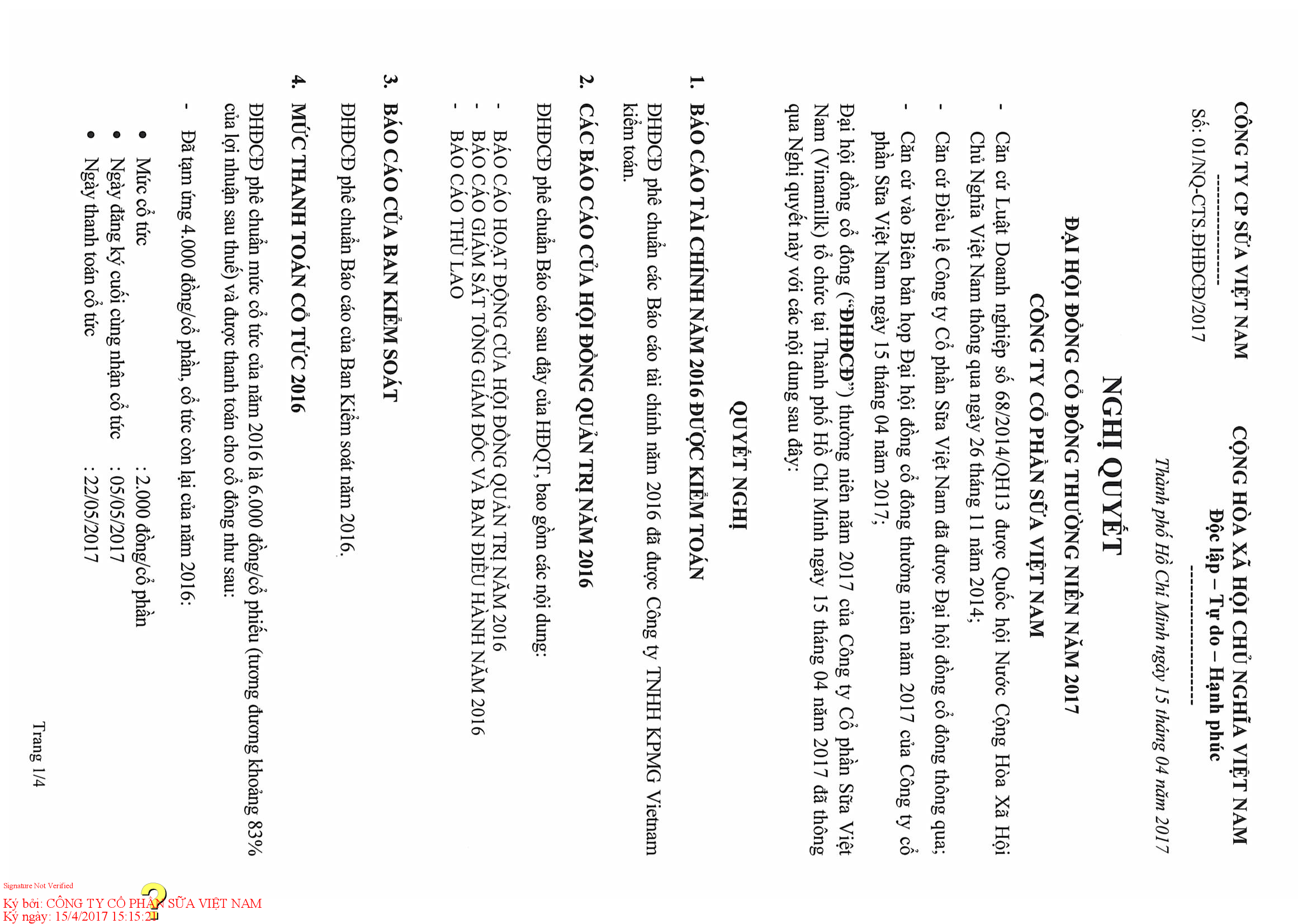 Nghị quyết Đại Hội Đồng Cổ Đông thường niên năm 2017 Công ty cổ phần sữa Việt Nam 1