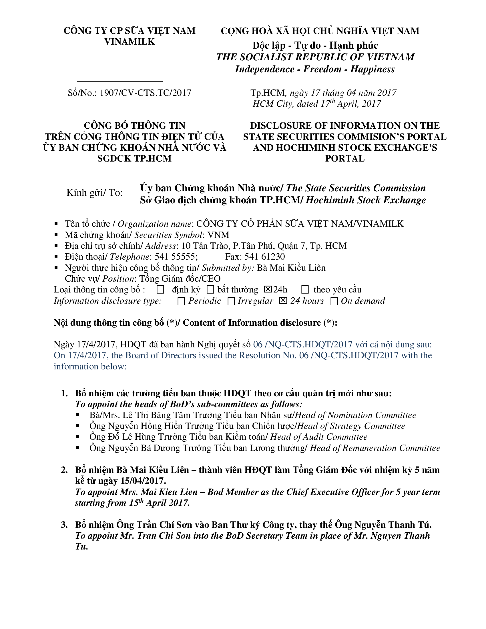 Appointment of senior management personnel 1