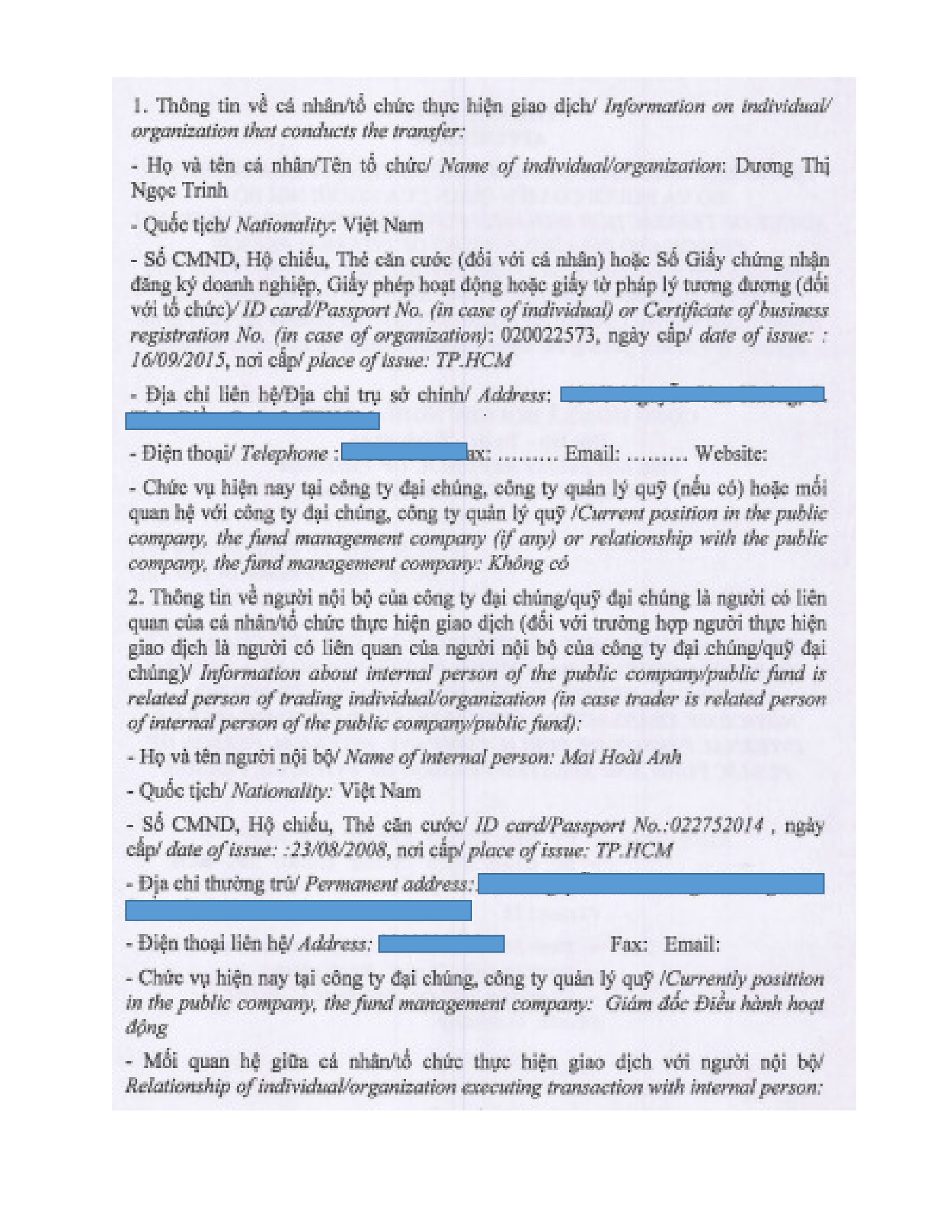 Notice of transaction inshares/fund certificates of internal person and related persons of internal person 2