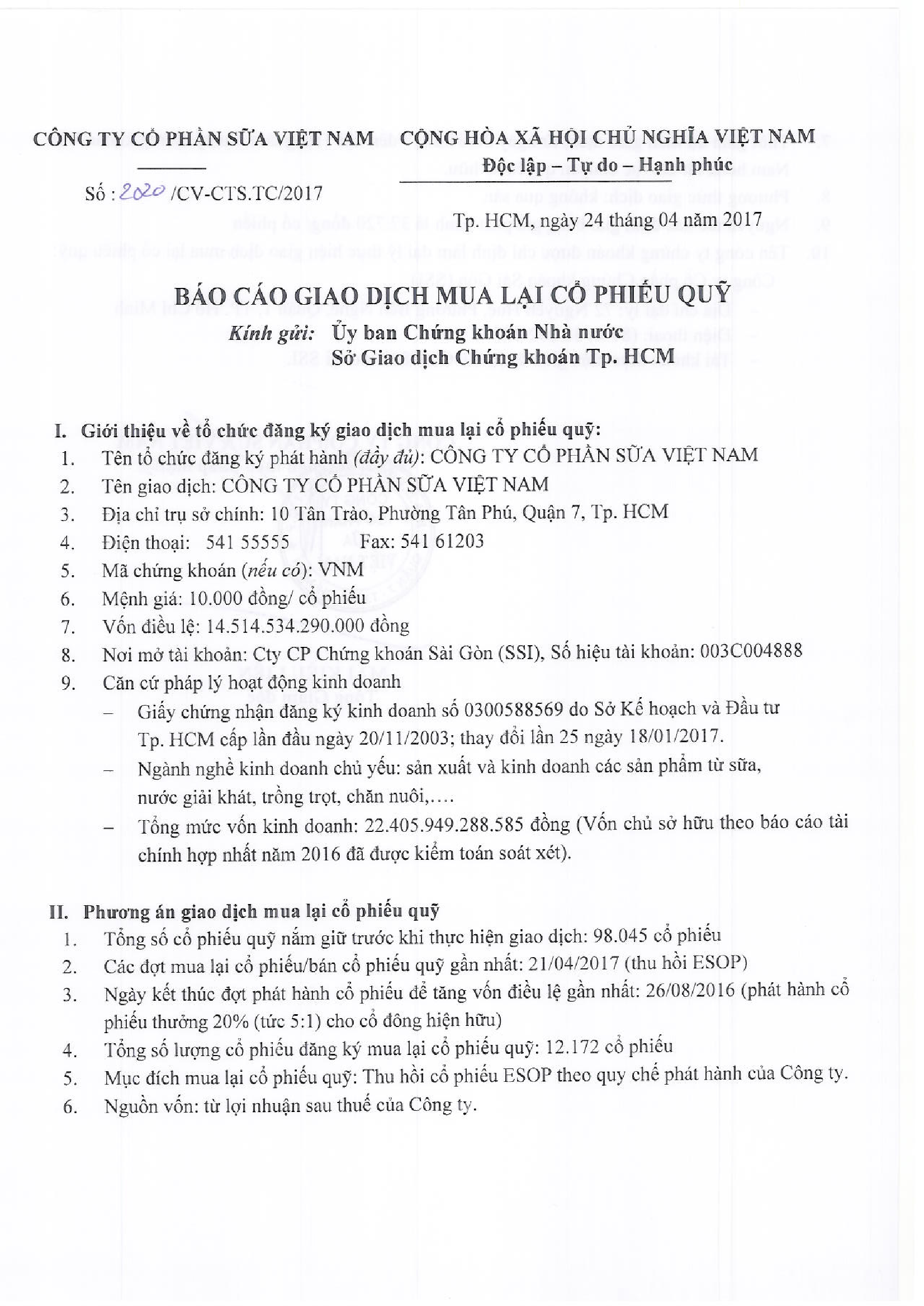 Báo cáo giao dịch mua lại cổ phiếu quỹ 1