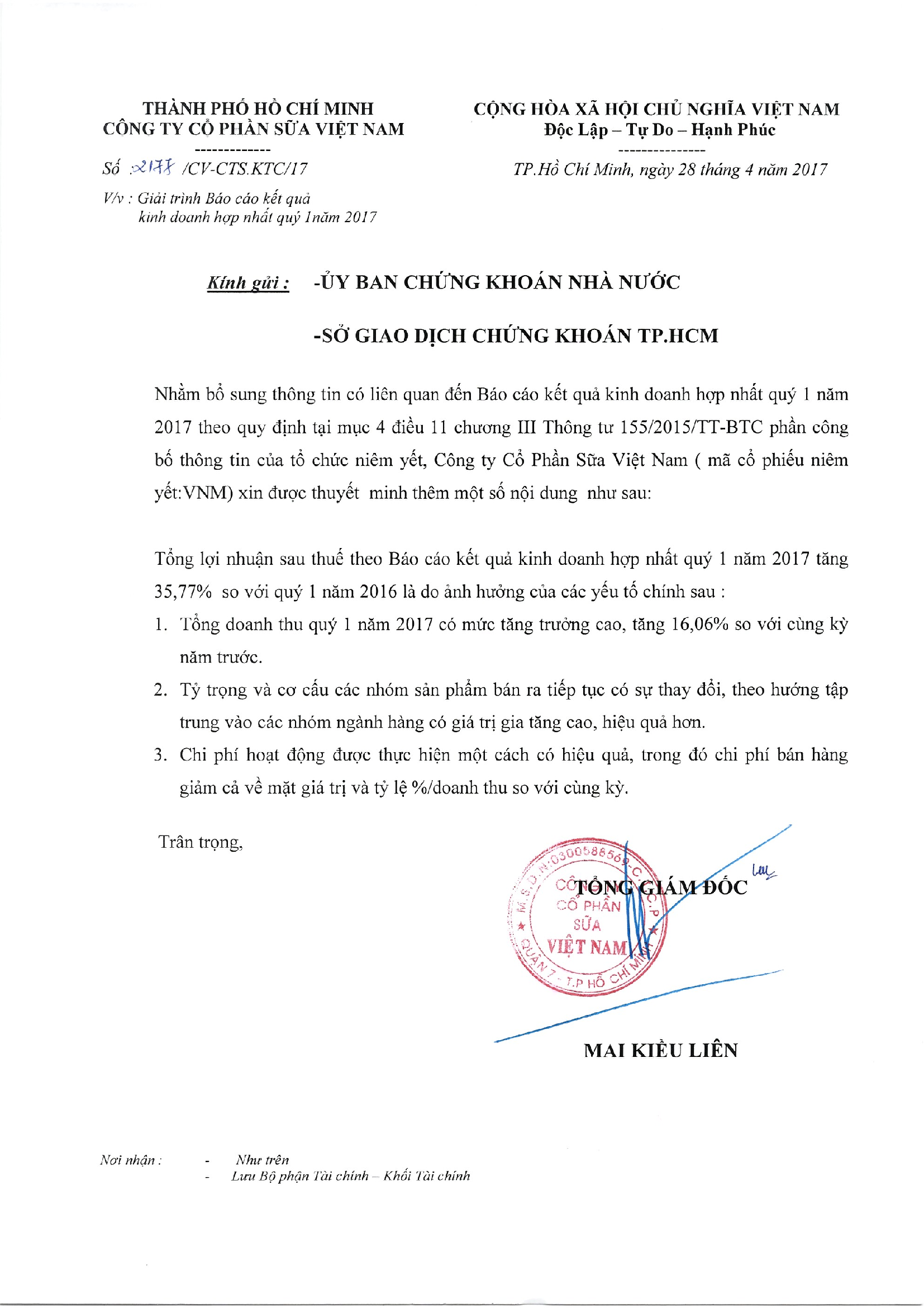 Giải trình Báo cáo kết quả kinh doanh hợp nhất quý 1 năm 2017 1