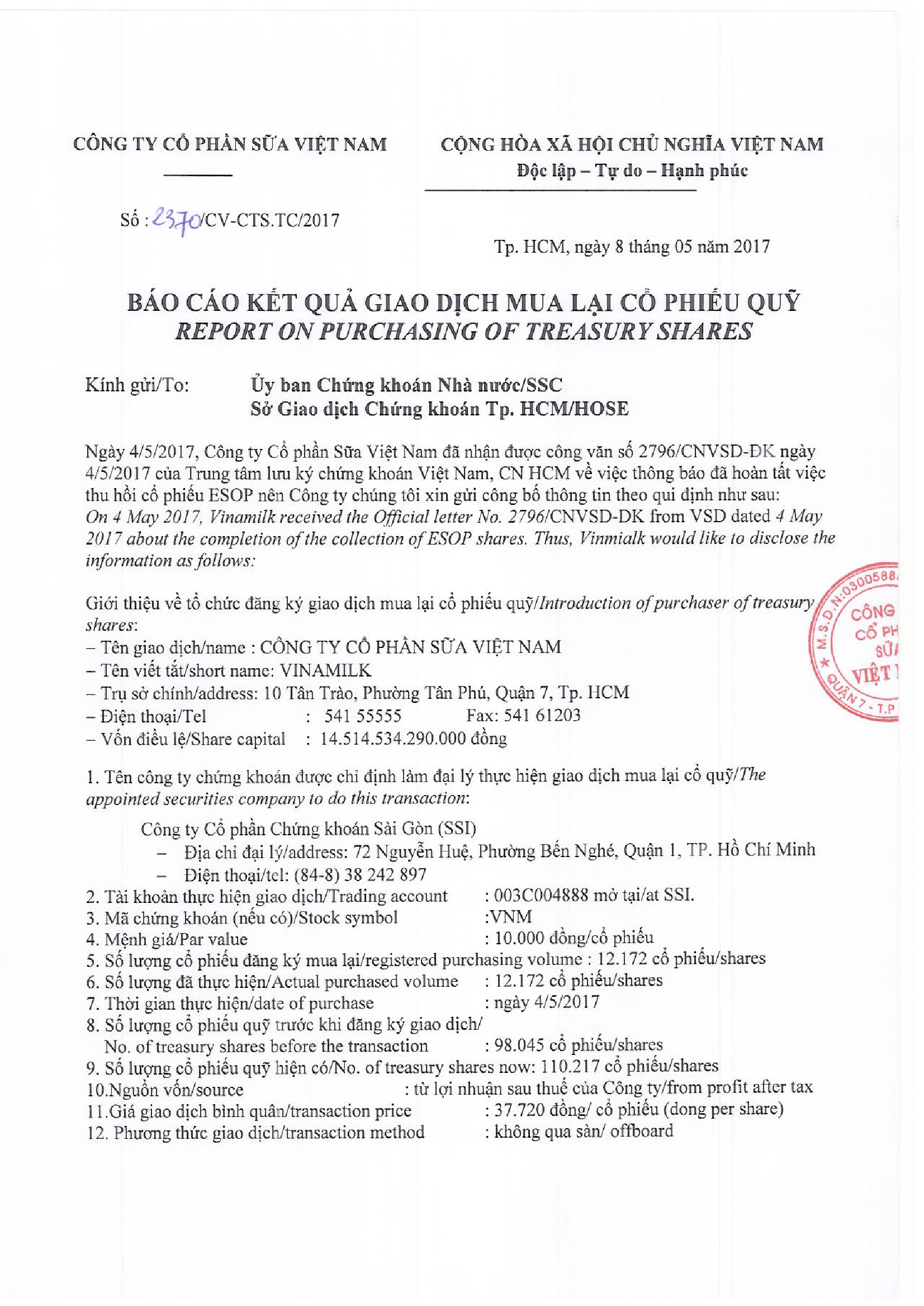 Report on purchasing of treasury shares 1