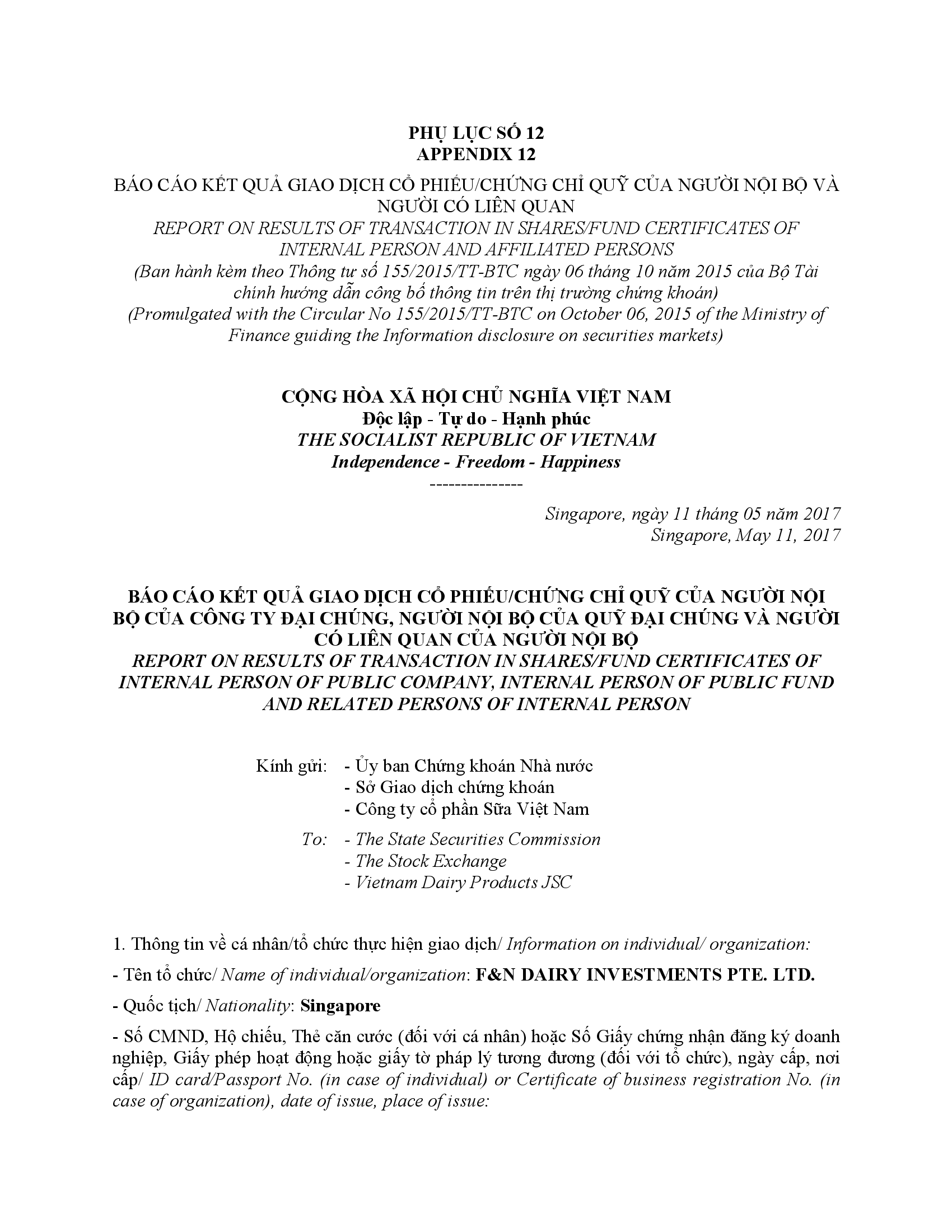 Báo cáo kết quả giao dịch cổ phiếu / chứng chỉ quỹ của người nội bộ của công ty đại chúng, người nội bộ của quỹ đại chúng và người có liên quan của người nội bộ 1
