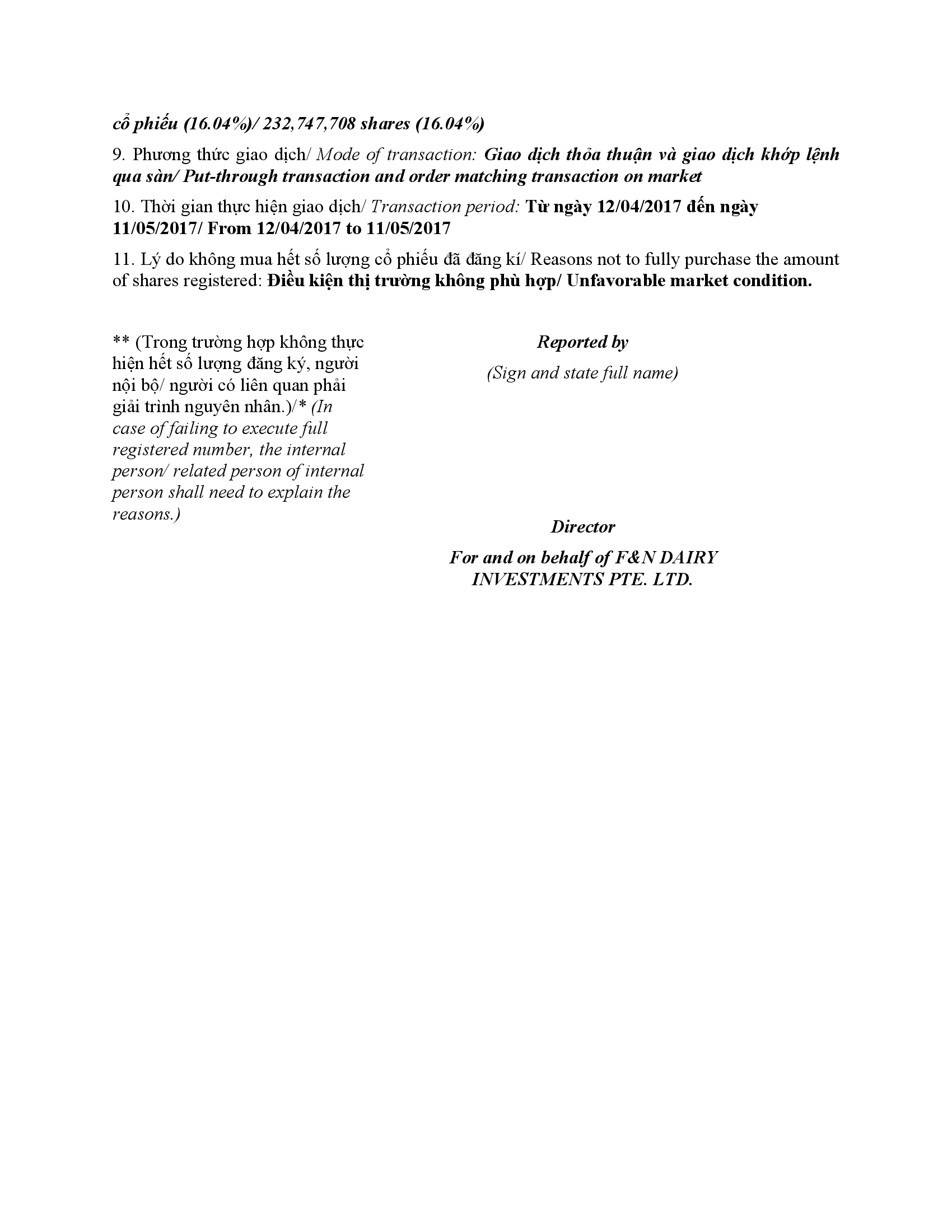 Report on results of transaction in shares / fund certificates of internal person of public company, internal person of public fund and related person of internal person 3