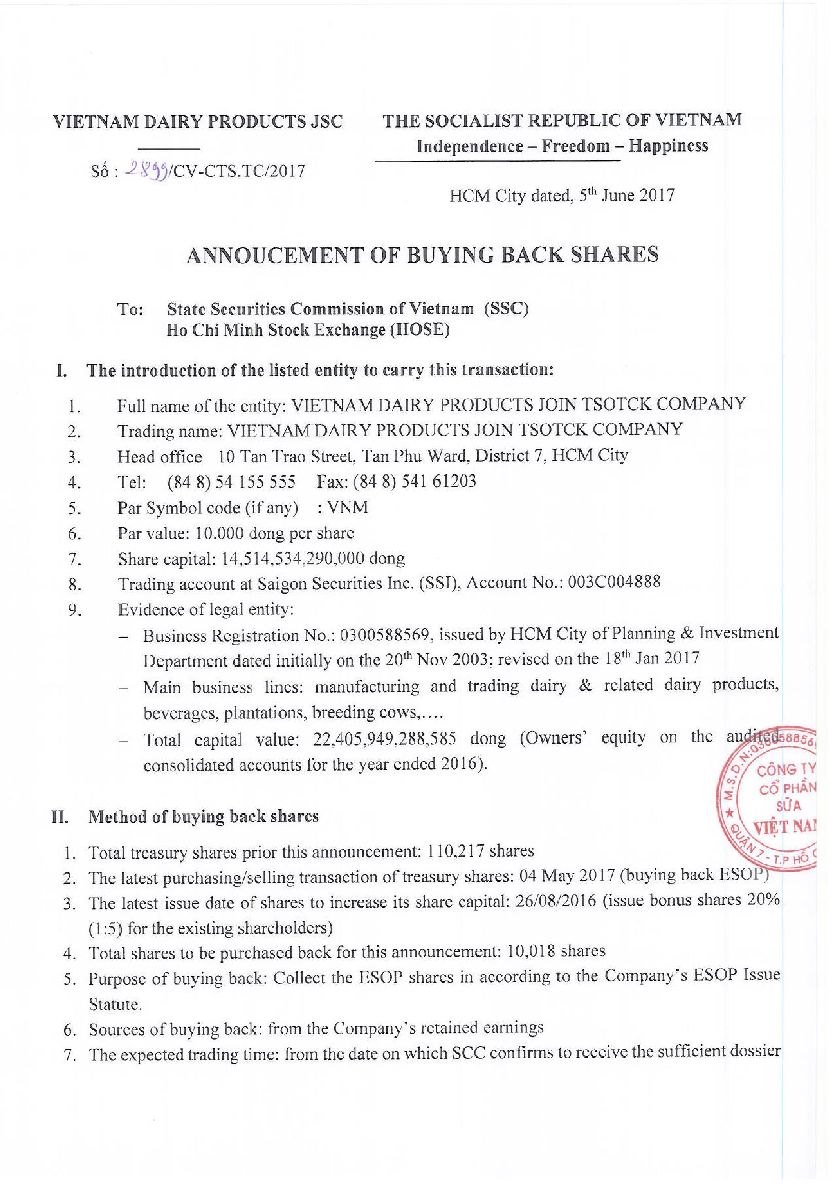 Annoucement of buying back shares 1