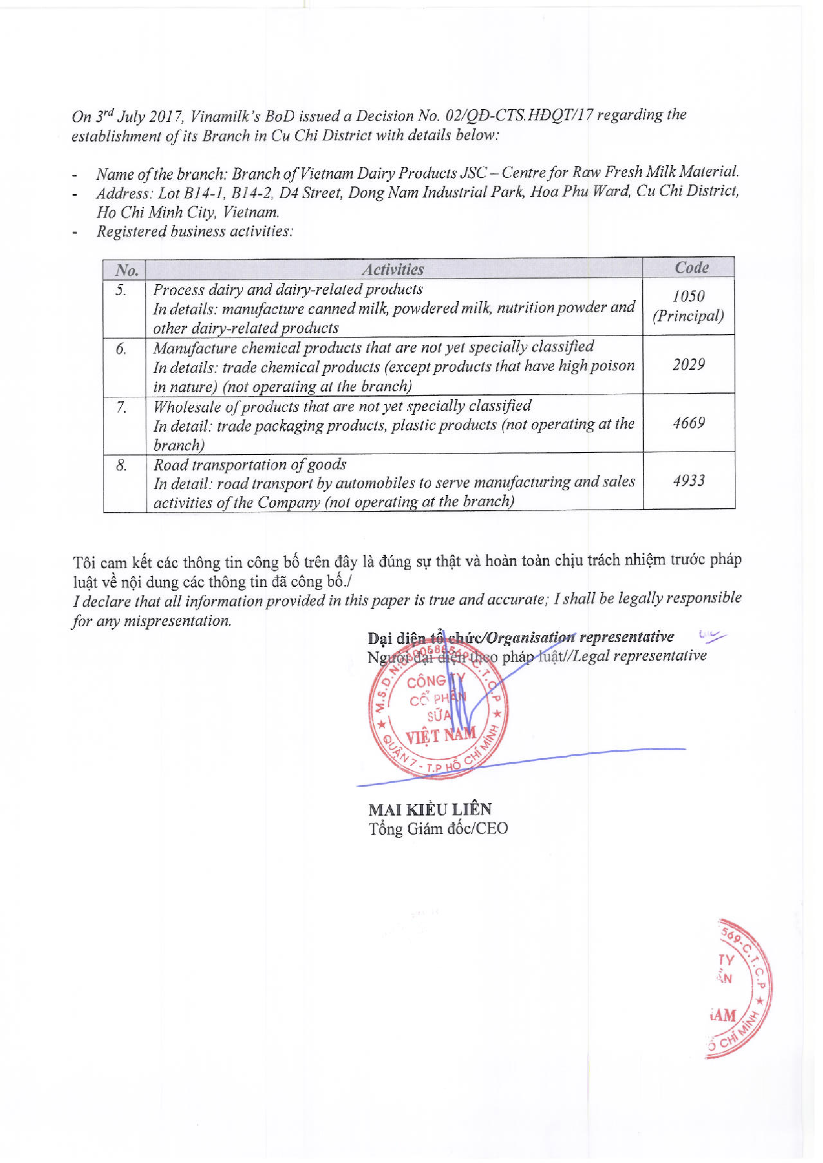 Công bố thông tin về việc thành lập chi nhánh Vinamilk tại Củ Chi 2