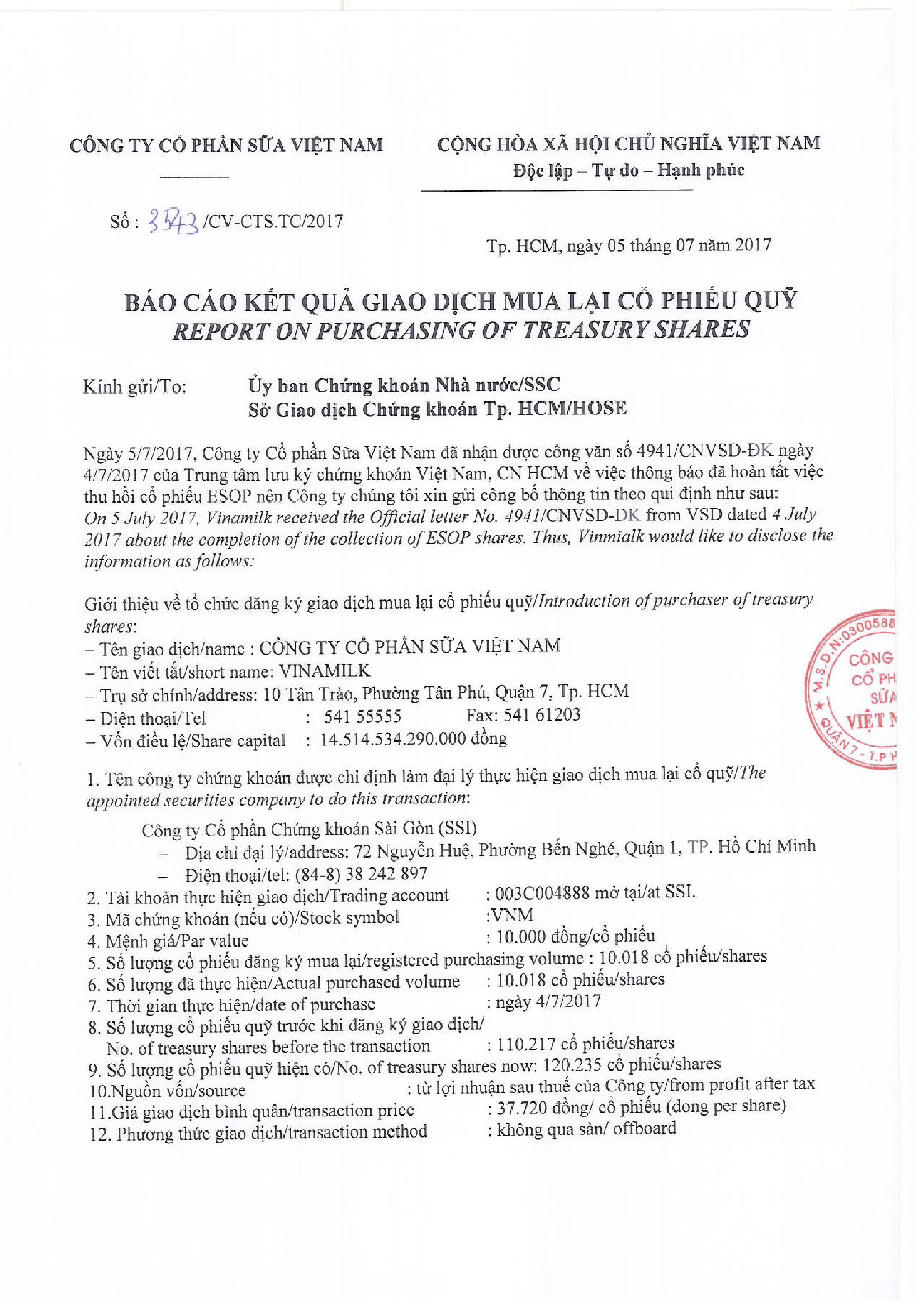 Báo cáo kết quả giao dịch mua lại cổ phiếu quỹ 1