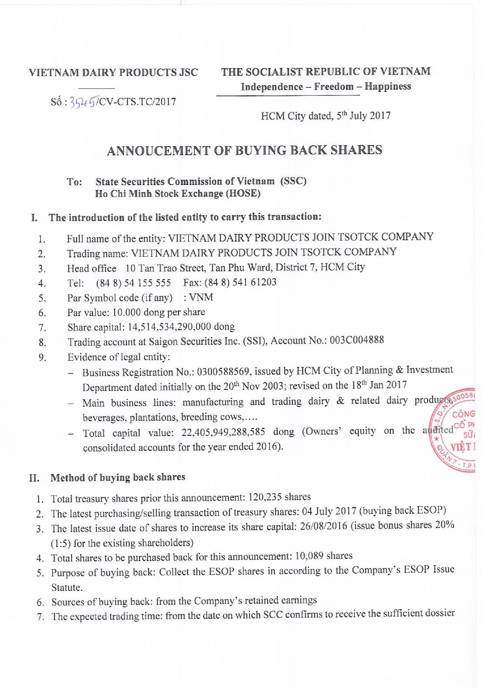 Announcement of buying back shares 1