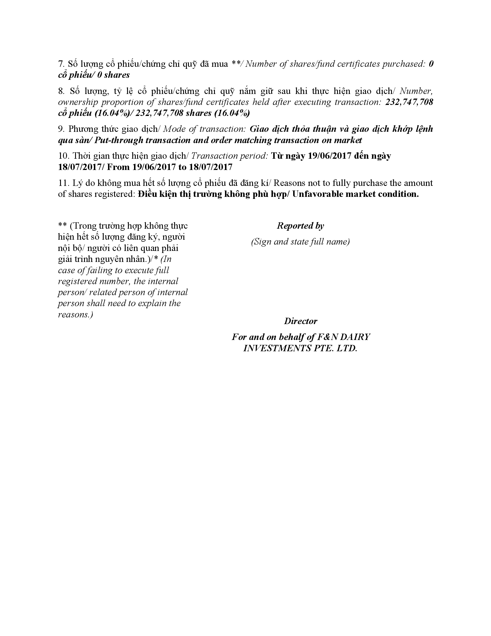 Report on results of transaction in shares/fund certificates of internal person of public company, internal person of public fund and related persons of internal person 3